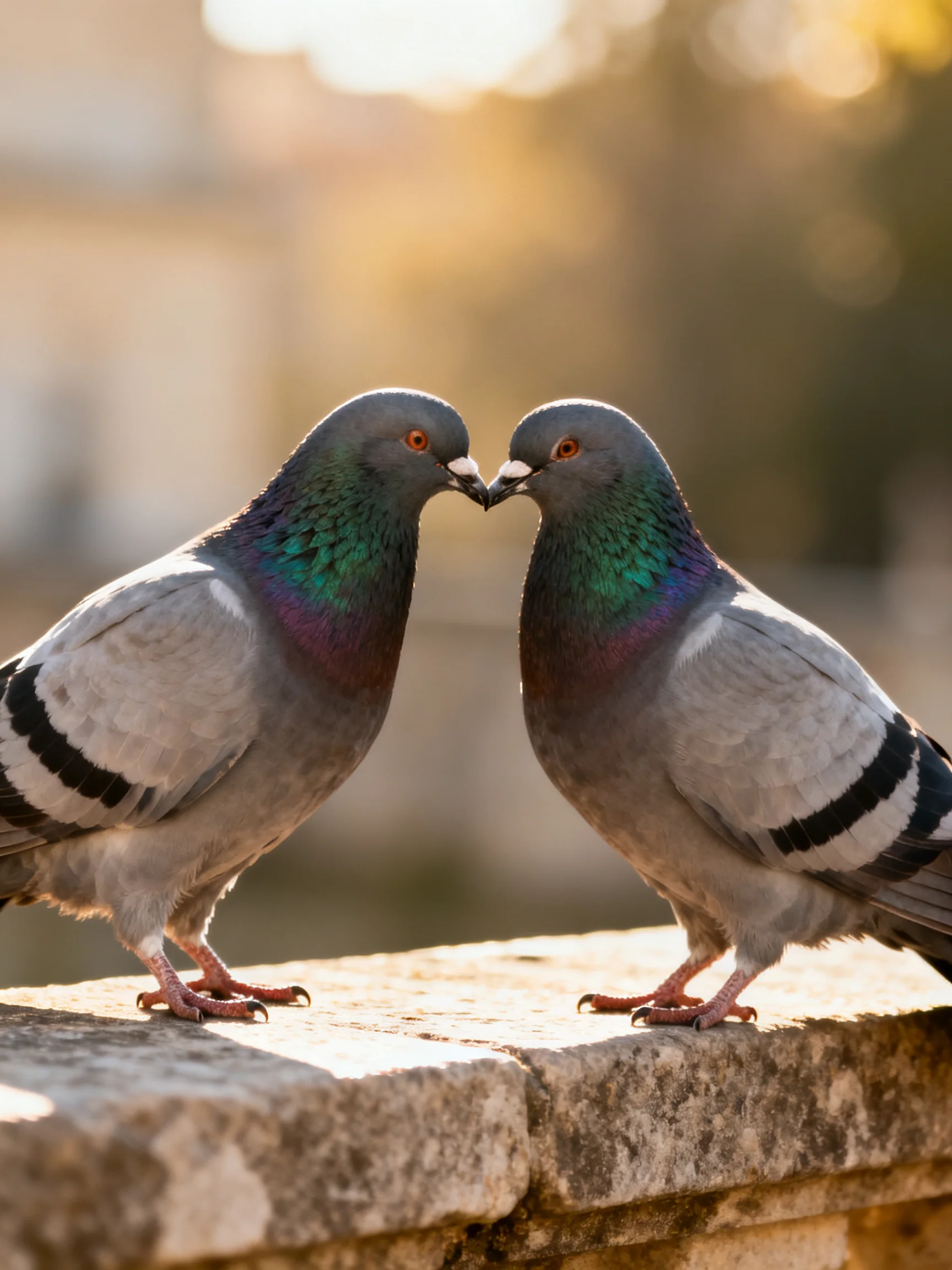 Two pigeons with iridescent necks perch on a weathered stone ledge