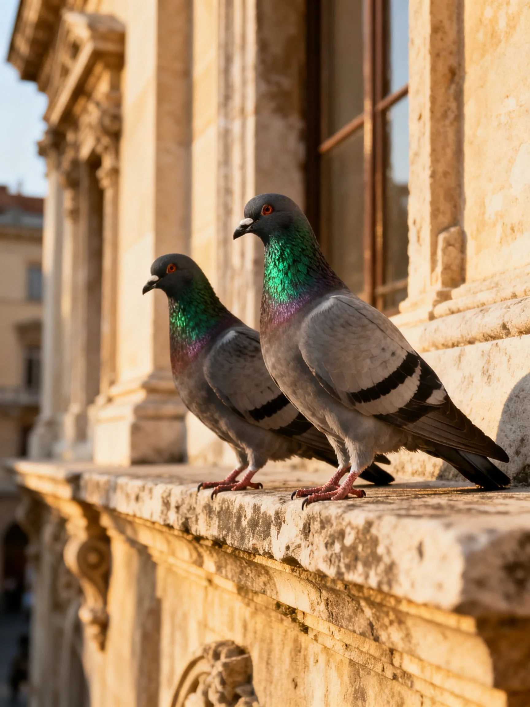 Two pigeons with iridescent necks perch on a weathered stone ledge