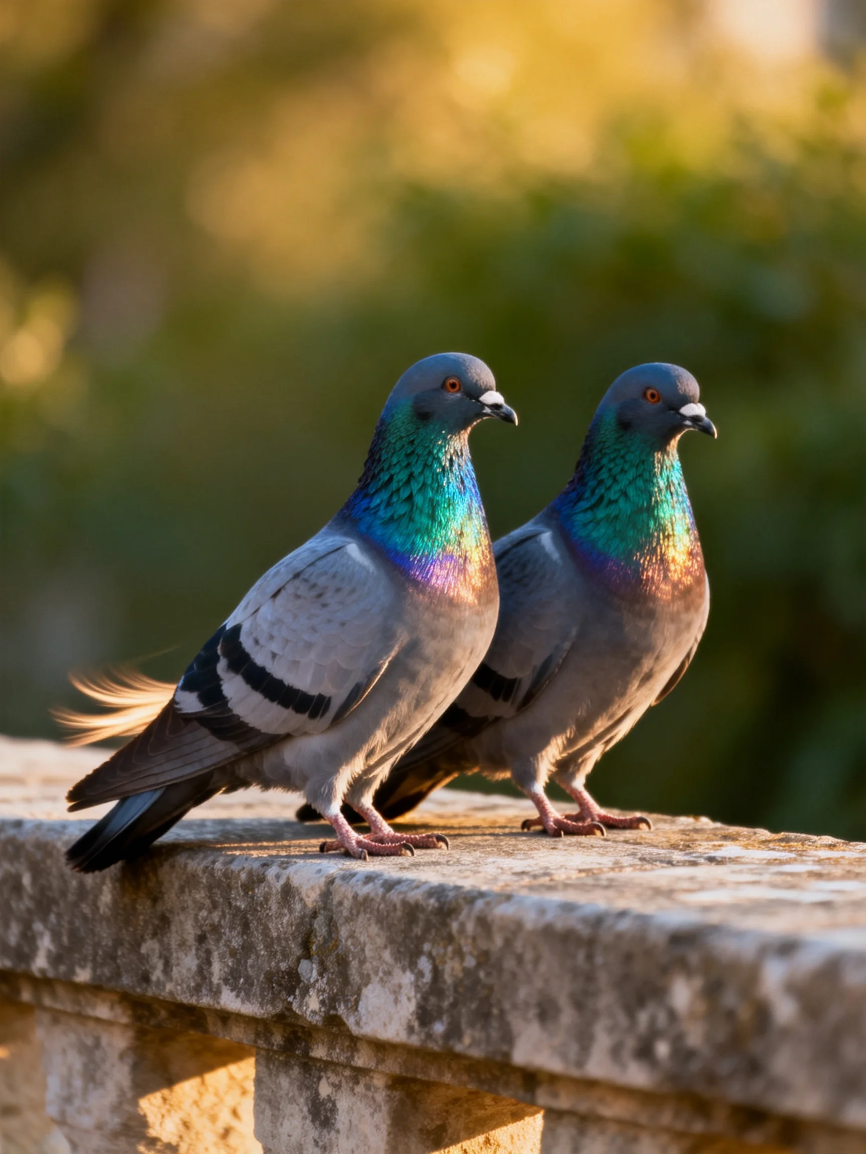 Two pigeons stand closely together on a weathered stone ledge against a blurred green backdrop