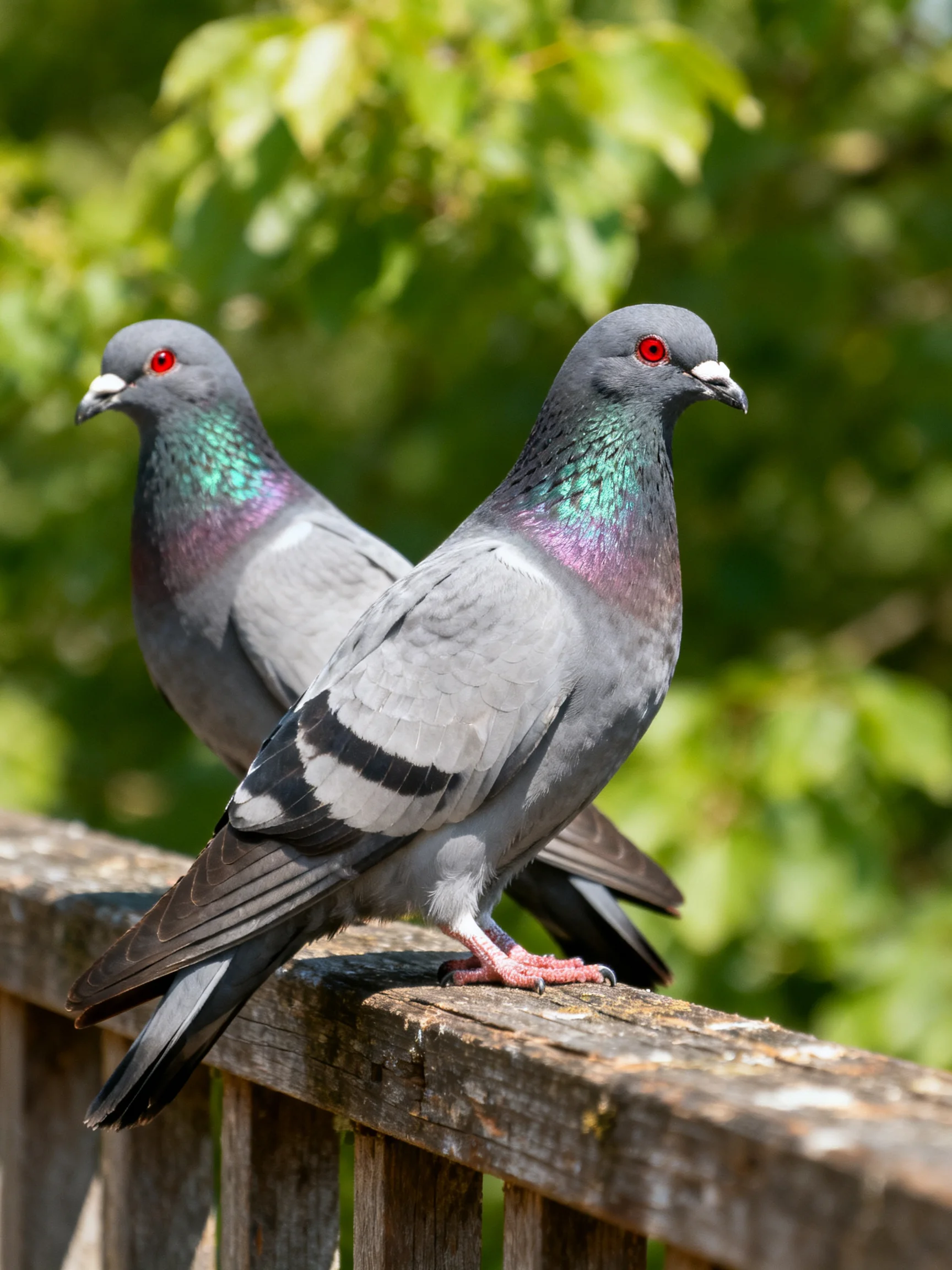 Two pigeons with iridescent necks perch on a weathered wooden railing near lush greenery