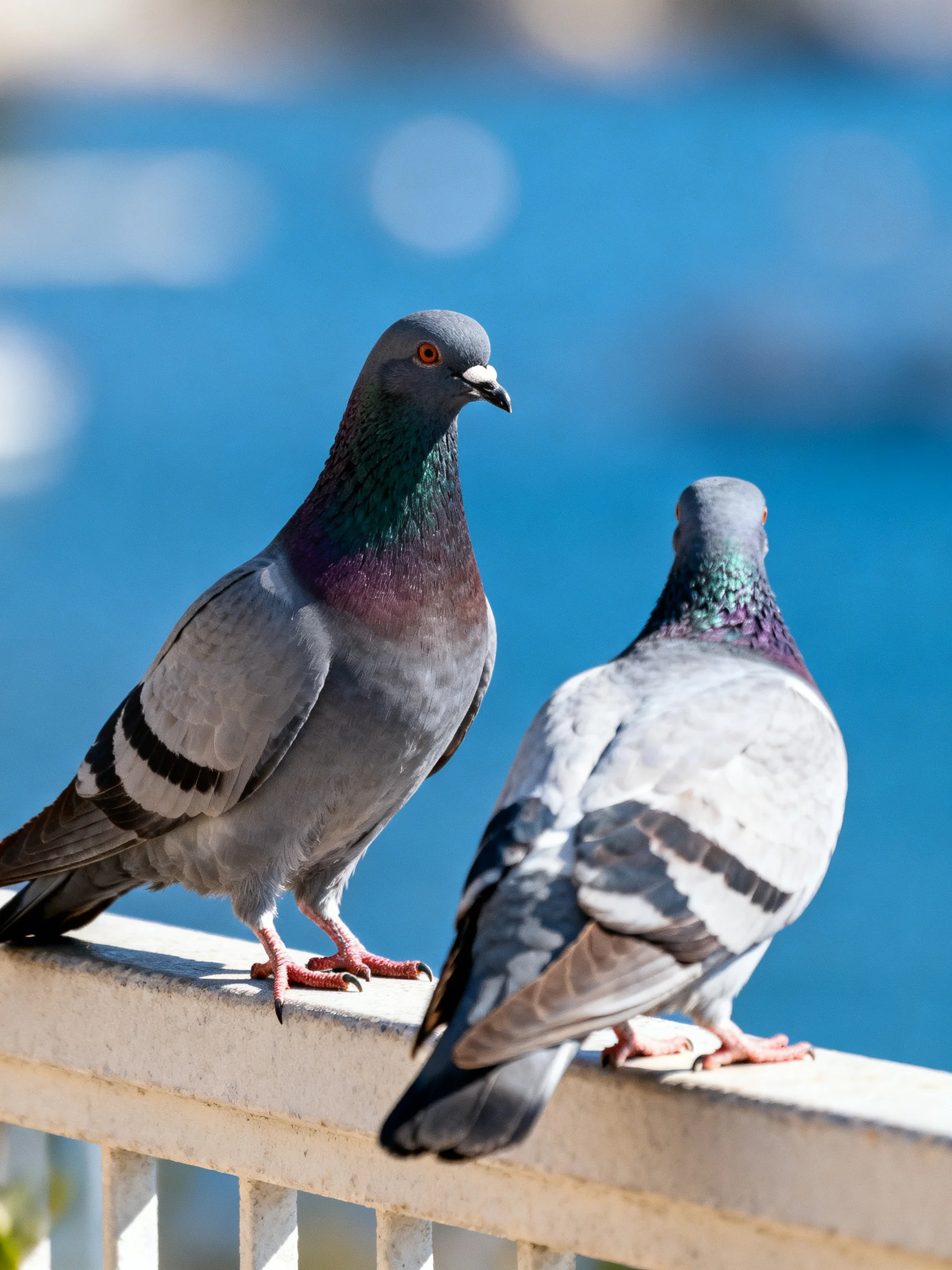 Two pigeons with iridescent necks perch on a white railing near blue water