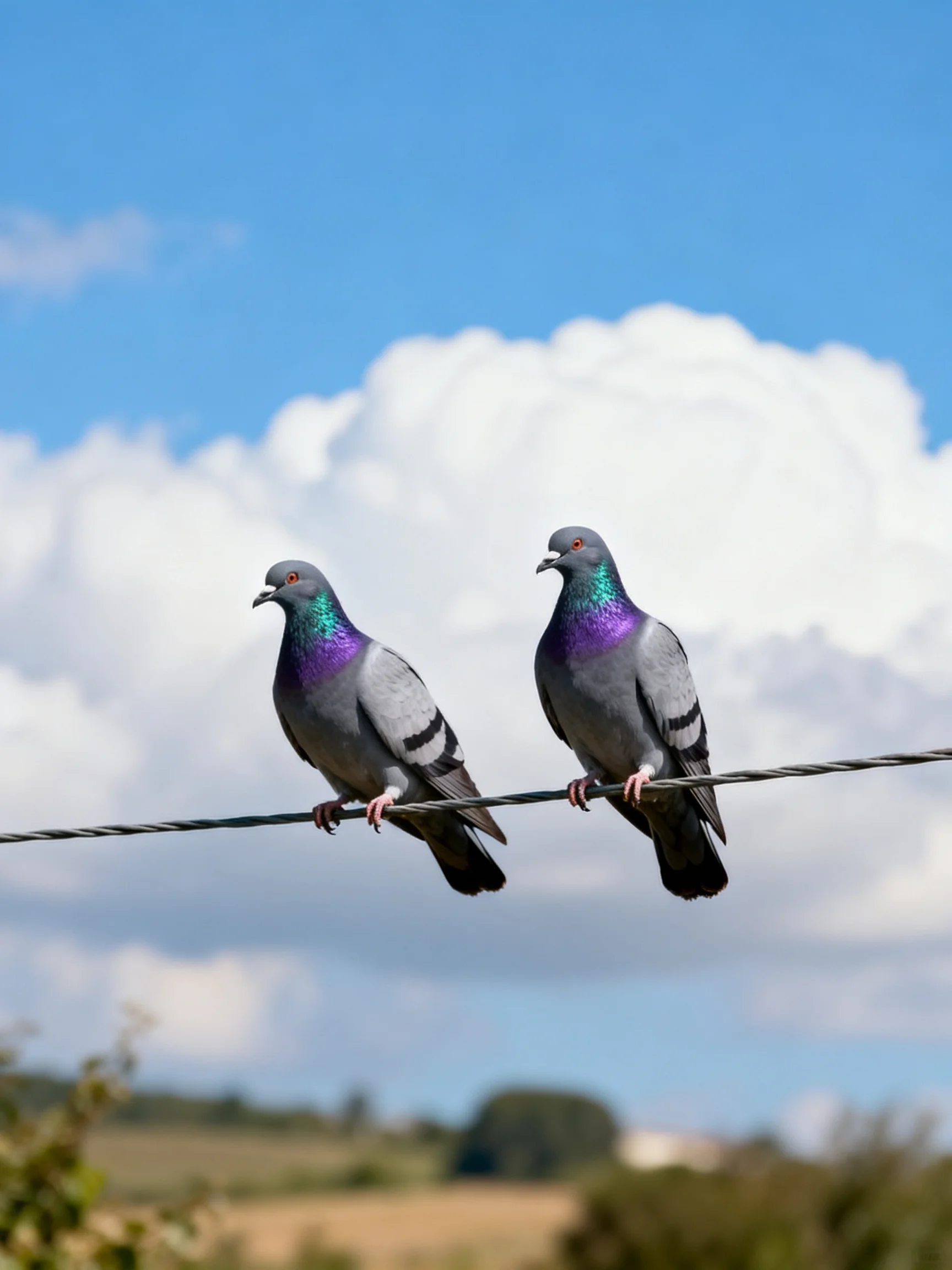 Two pigeons sit together on a wire in a sunny, cloud-filled landscape.