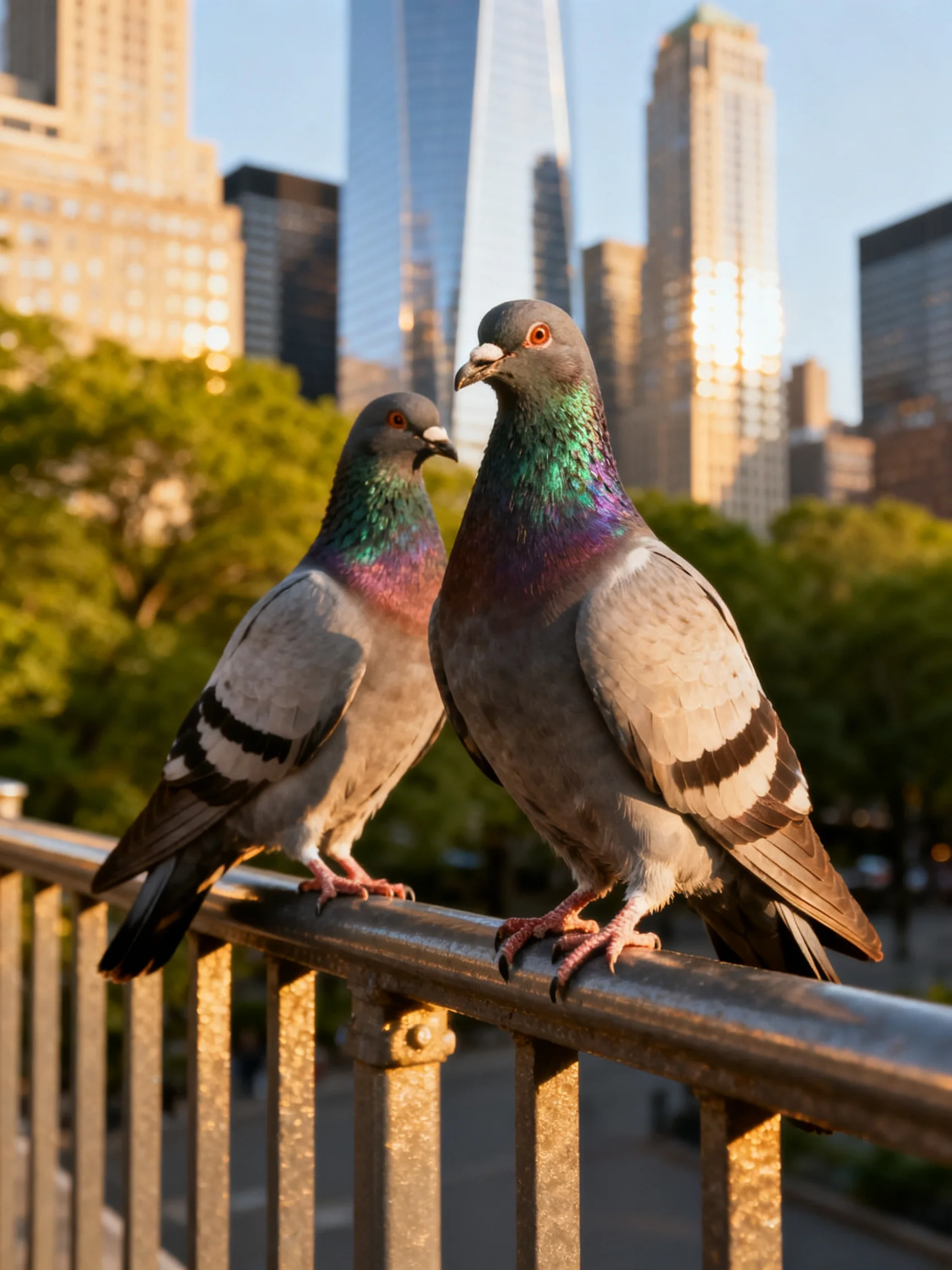 Two pigeons sit together on a railing with a cityscape behind them.