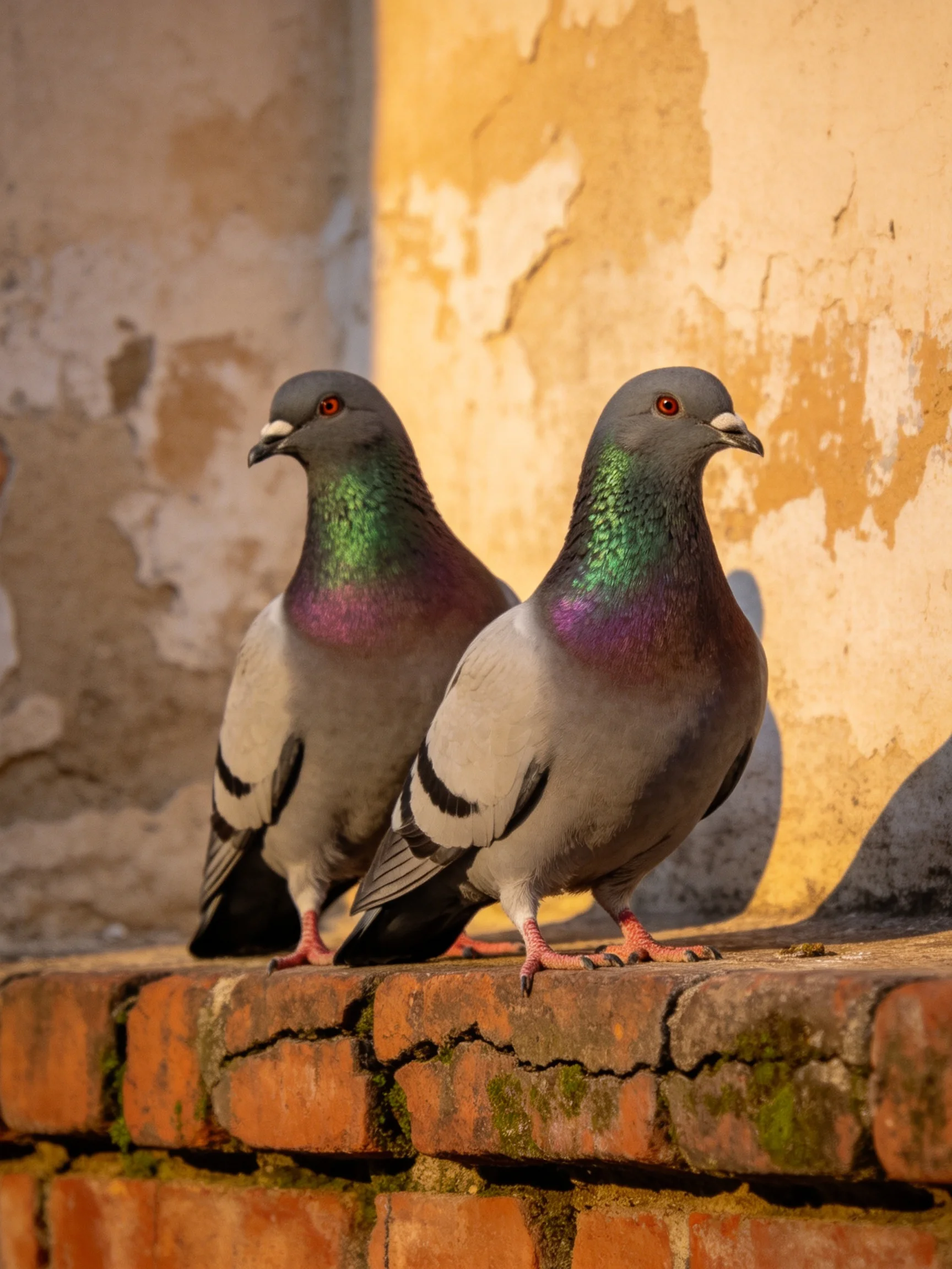 Two pigeons with iridescent necks rest on a weathered brick ledge