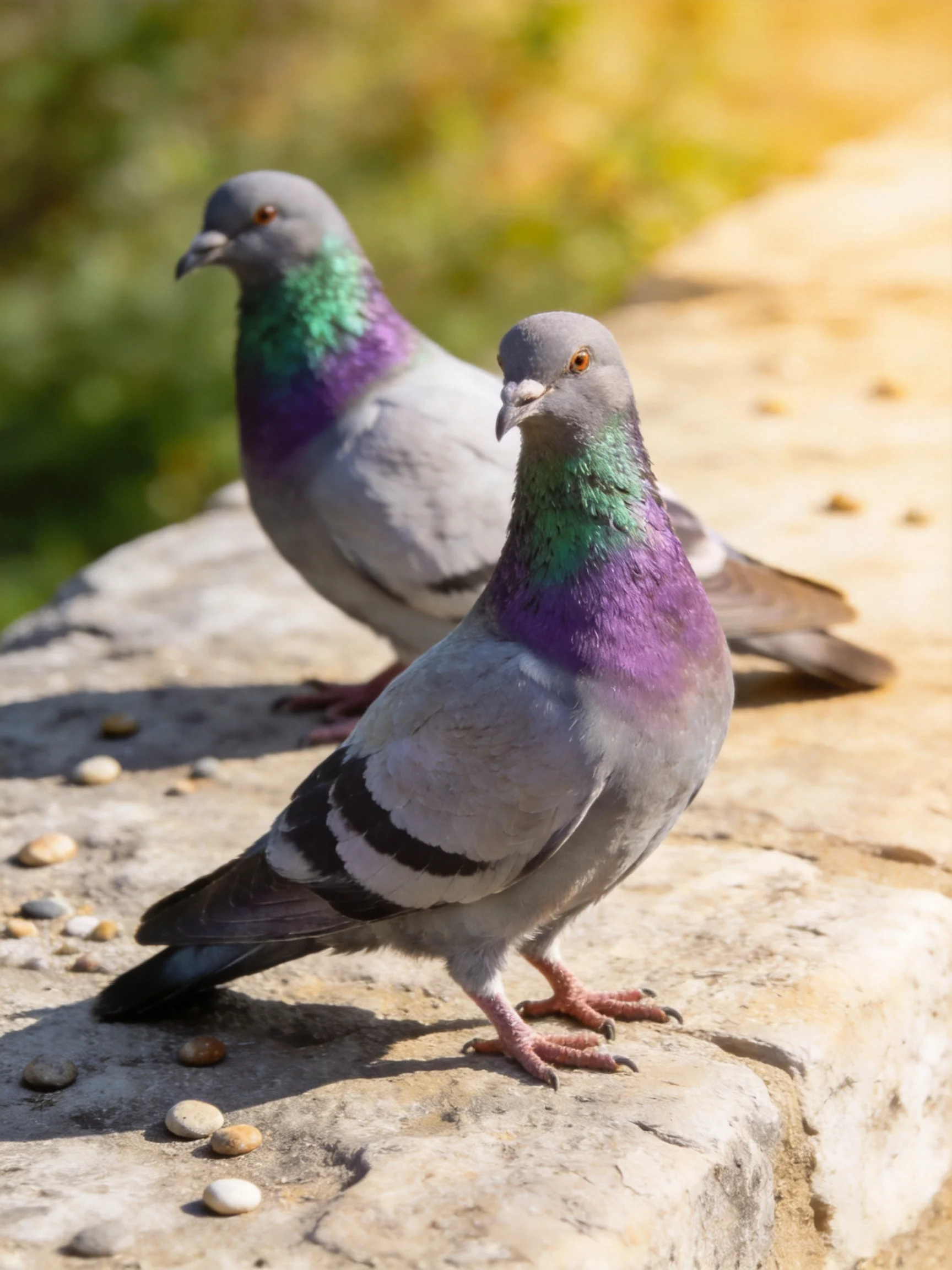 Two pigeons with iridescent necks rest on a weathered stone ledge