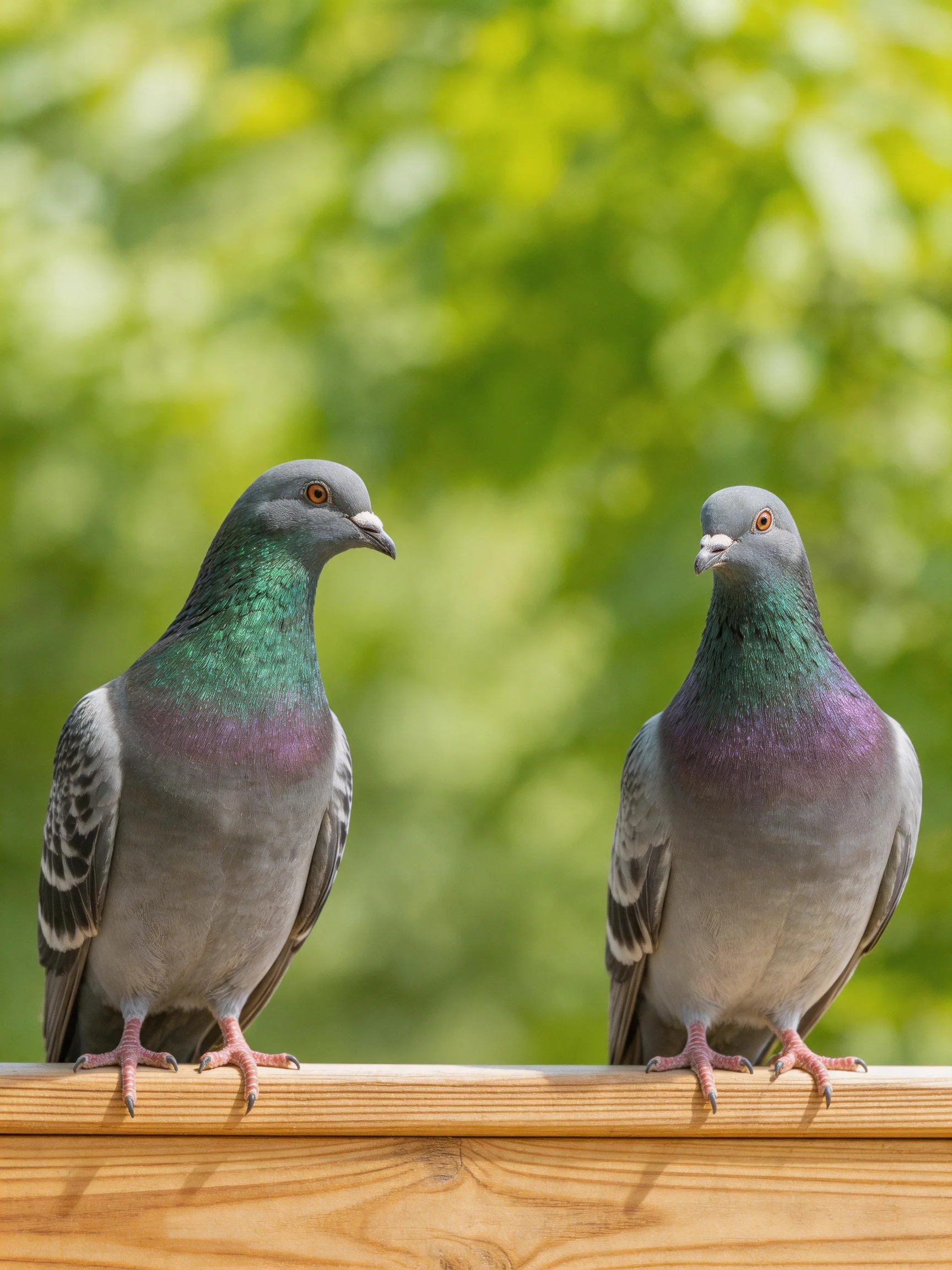 Two pigeons with iridescent necks rest on a wooden beam amid greenery