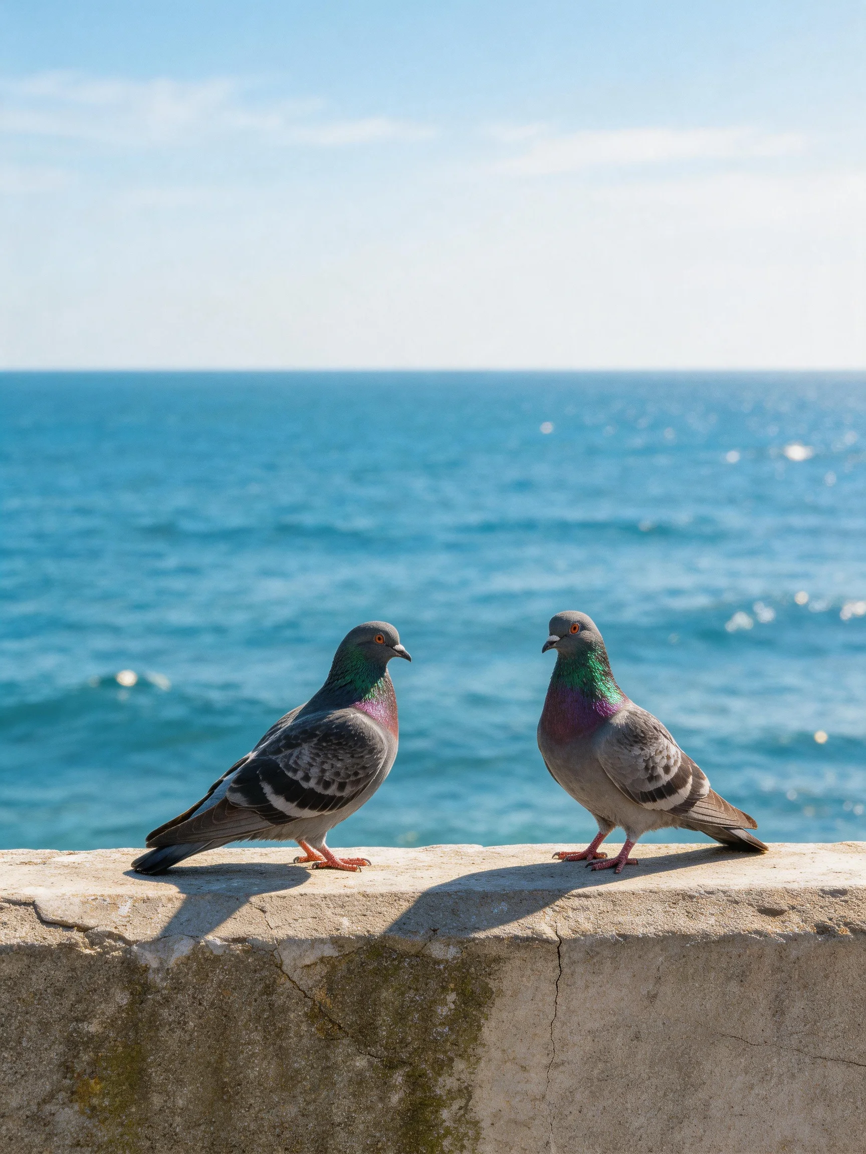 Two pigeons with iridescent necks sit atop a weathered stone wall beside the ocean.