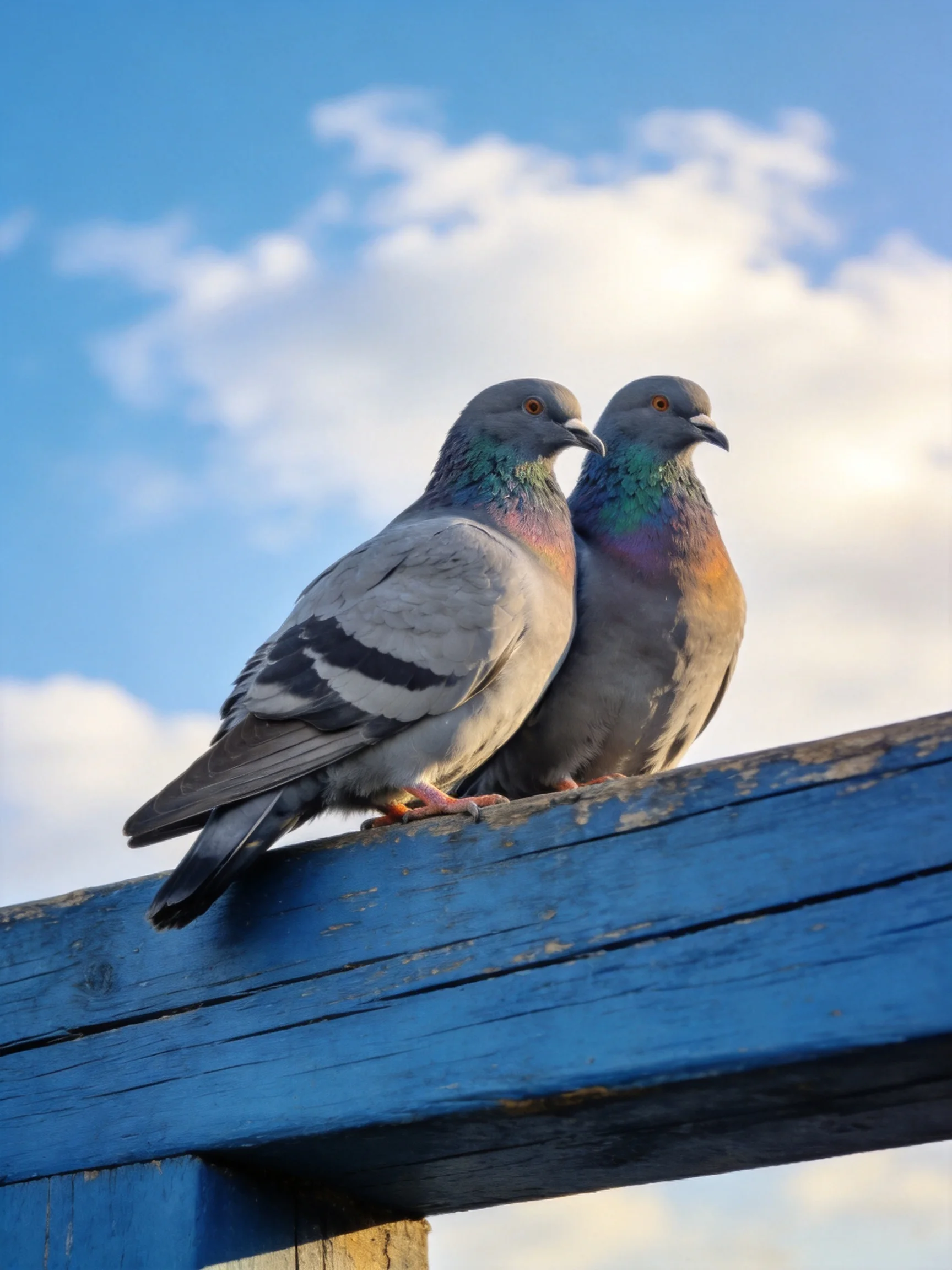 Two pigeons with iridescent necks sit atop an aged blue wooden beam beneath a clear sky