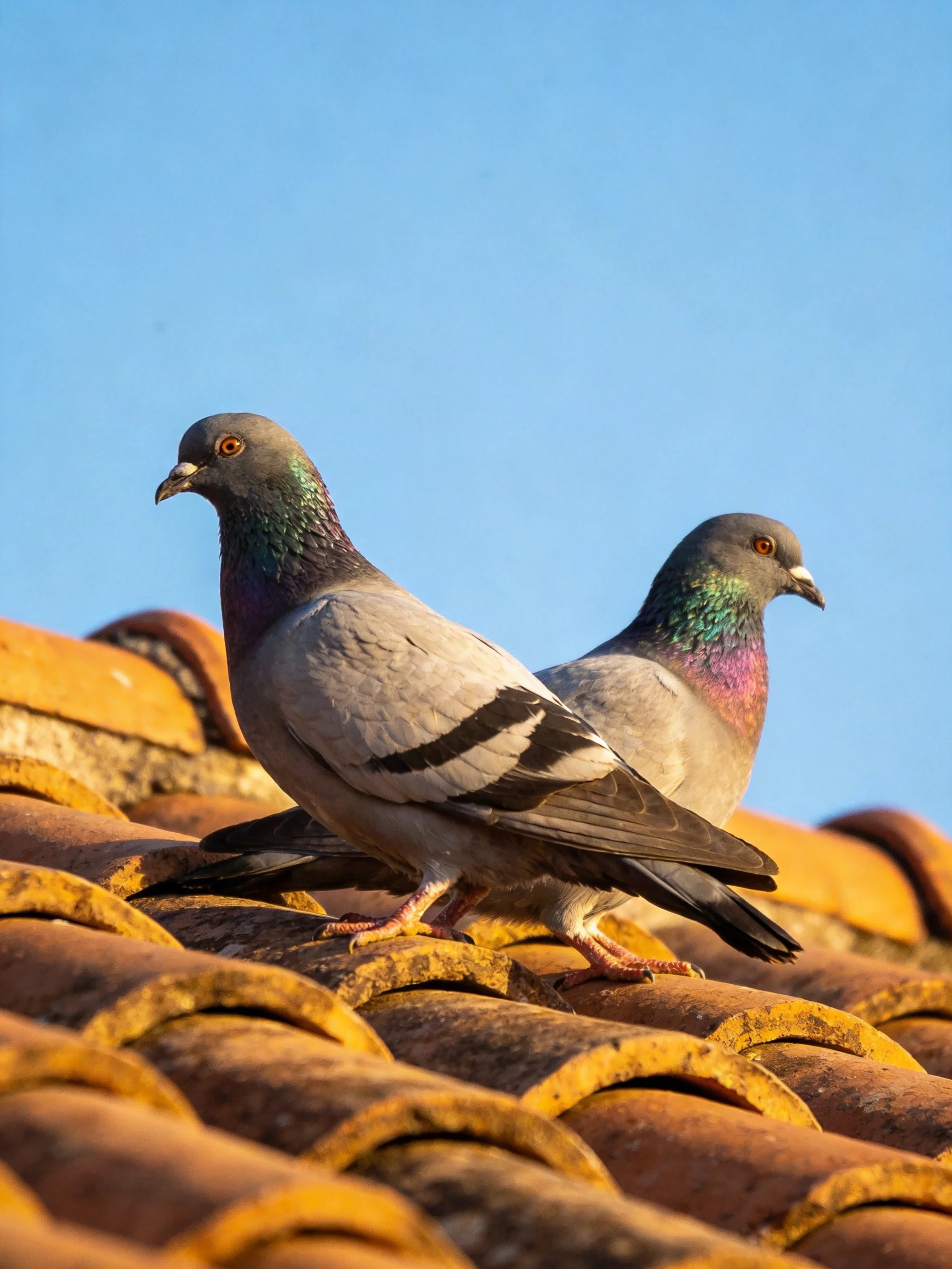 Two pigeons sit on an aged terracotta roof beneath a clear blue sky.