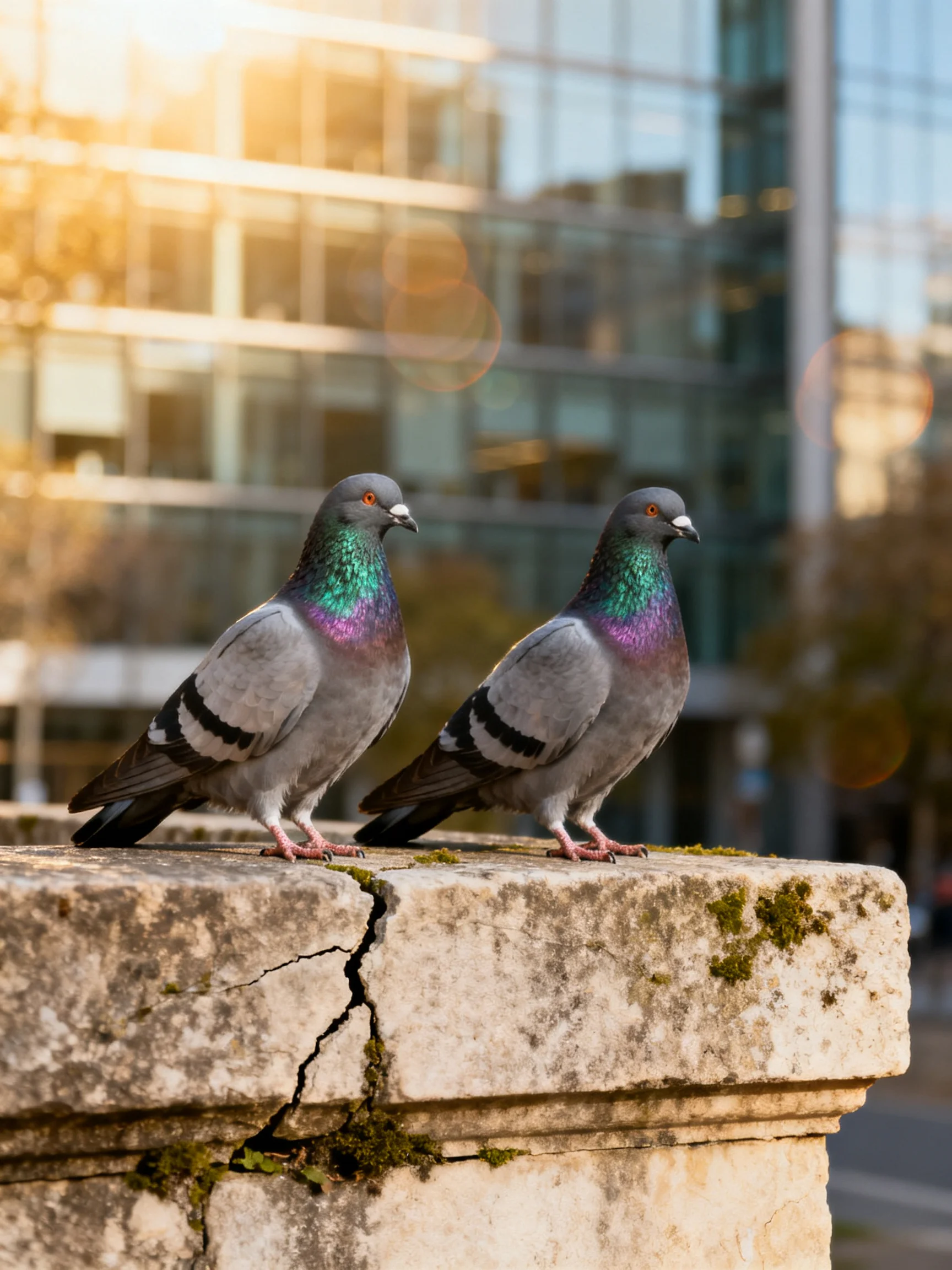Two pigeons with iridescent necks sit on a weathered stone ledge near modern glass buildings