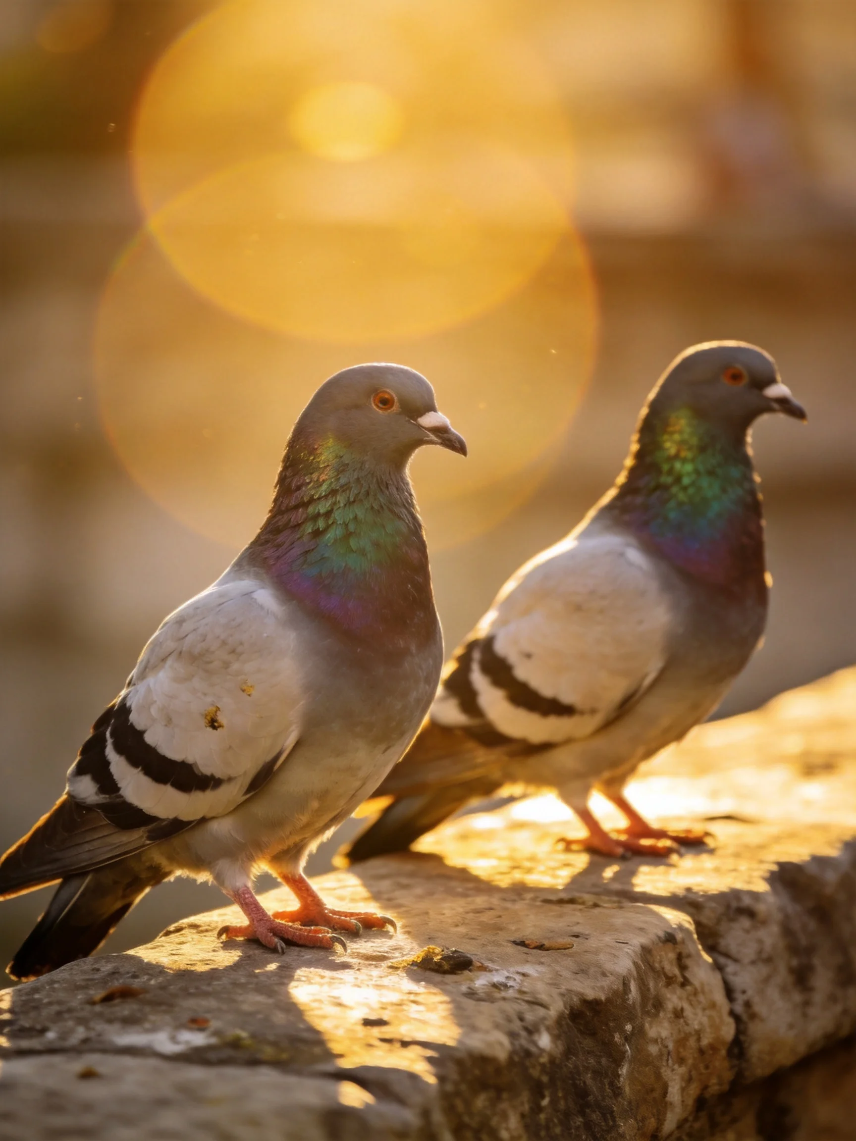 Two pigeons with iridescent necks sit on a weathered stone ledge under golden sunlight