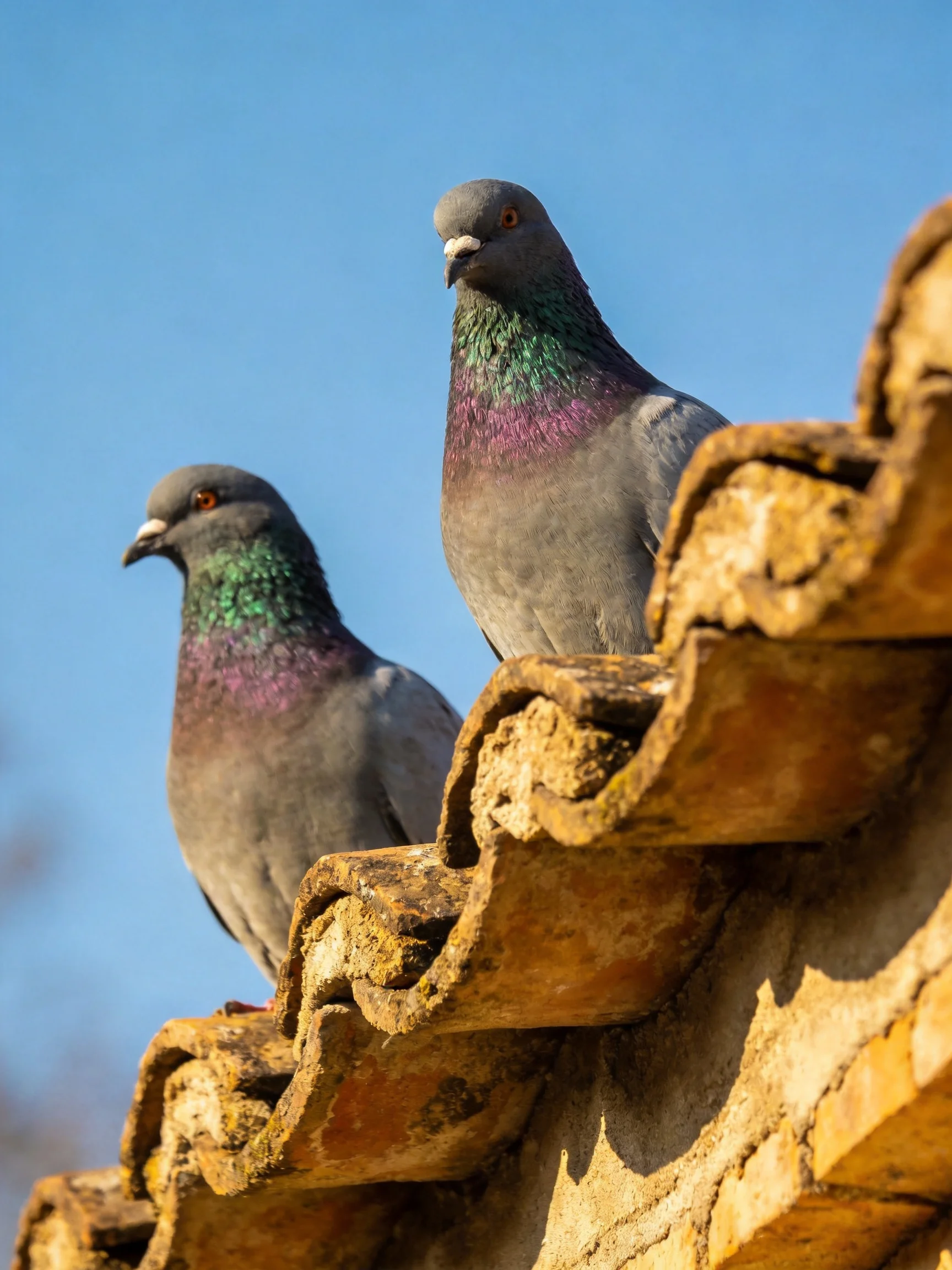 Two pigeons with iridescent necks sit on an aged terracotta roof