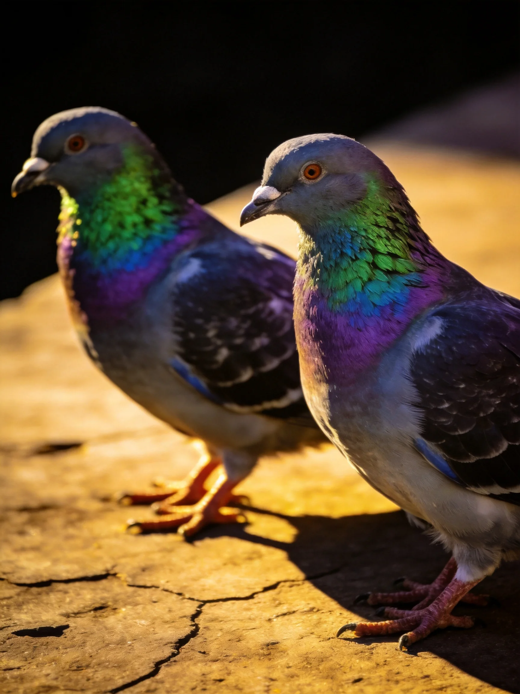Two pigeons with iridescent necks stand on a cracked stone surface