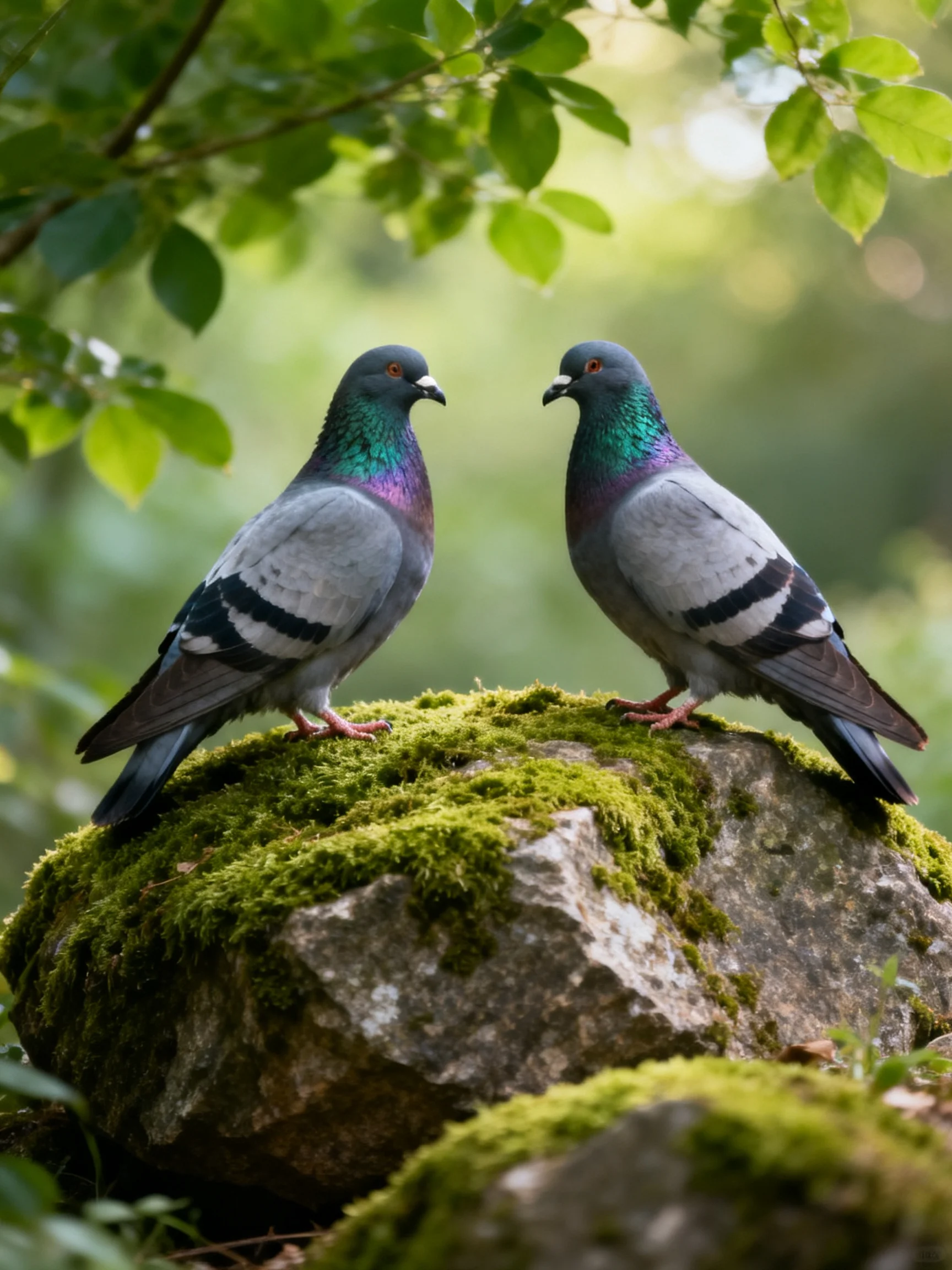 Two pigeons with iridescent necks stand on a mossy rock amid green foliage