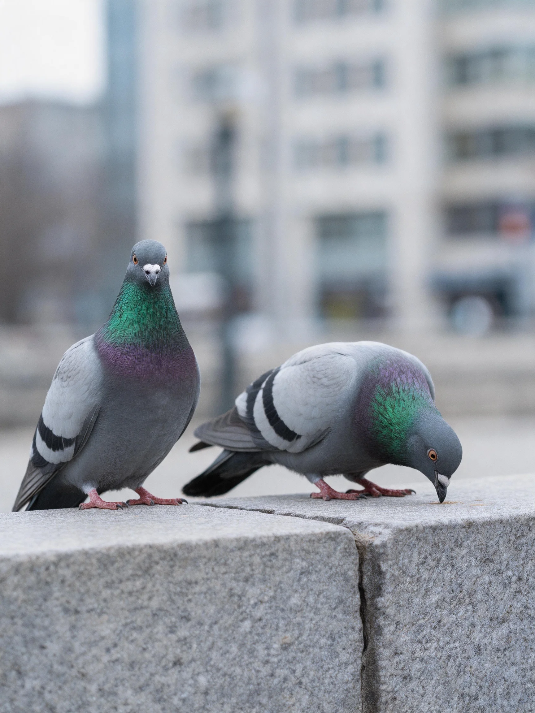 Two pigeons with iridescent necks stand on a stone ledge near tall buildings
