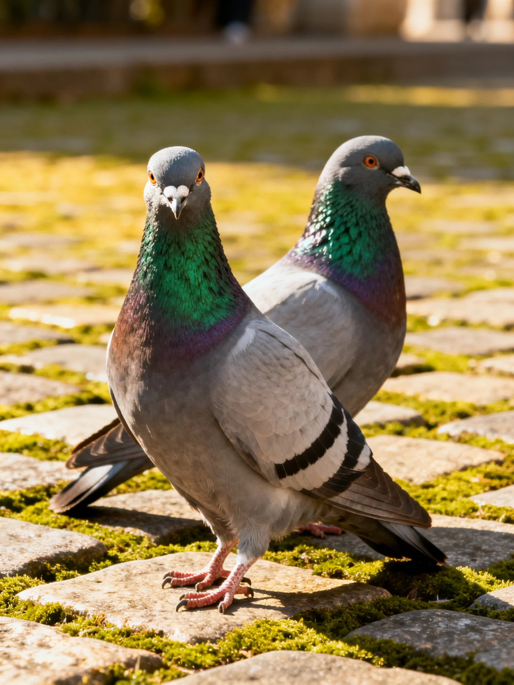 Two pigeons with iridescent necks stand on mossy cobblestones
