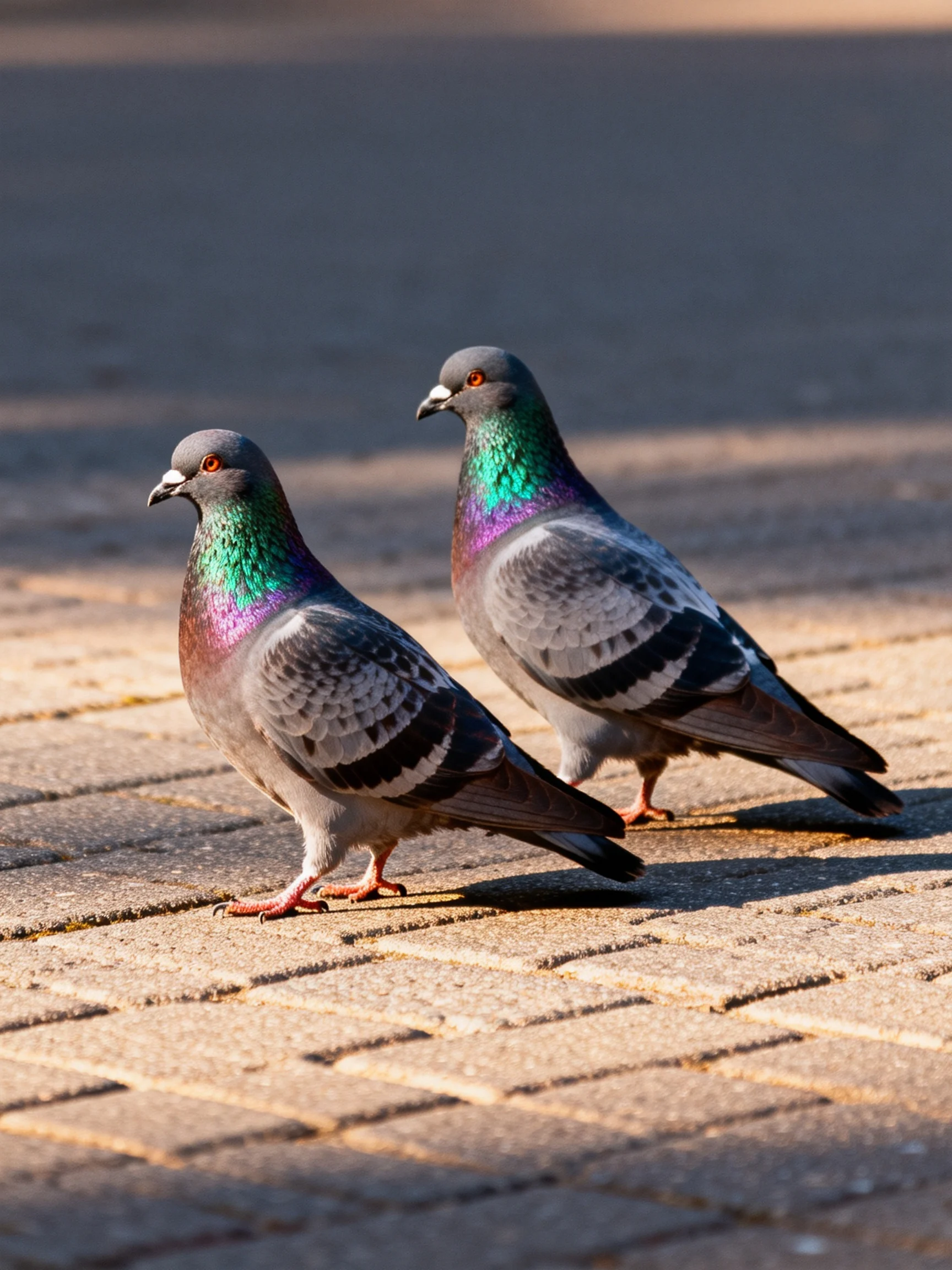 Two pigeons with iridescent necks walk on a brick pavement