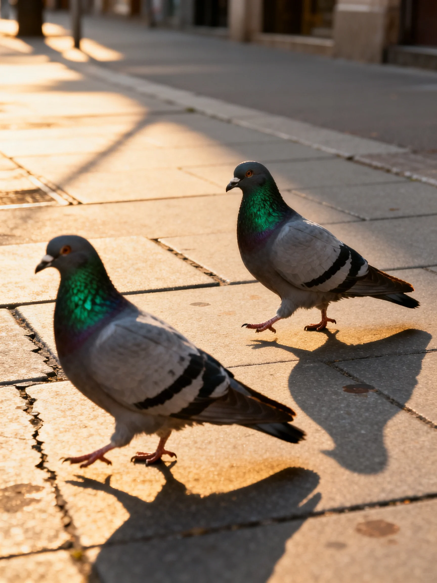 Two pigeons with iridescent necks walk on a sunlit sidewalk