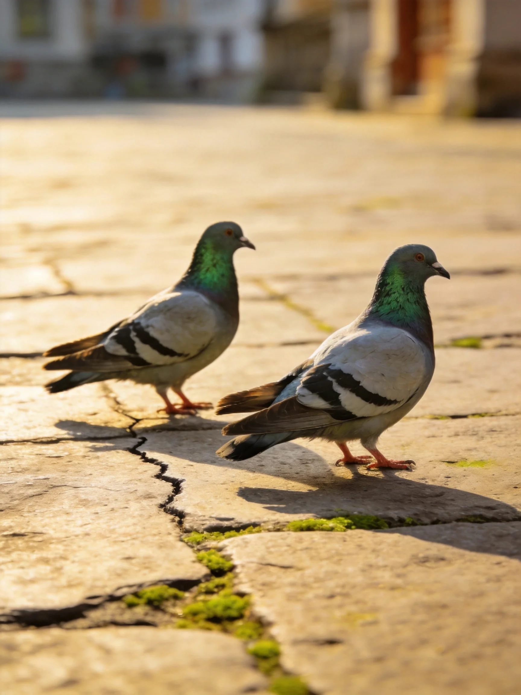 Two pigeons with iridescent necks walk on aged stone pavement