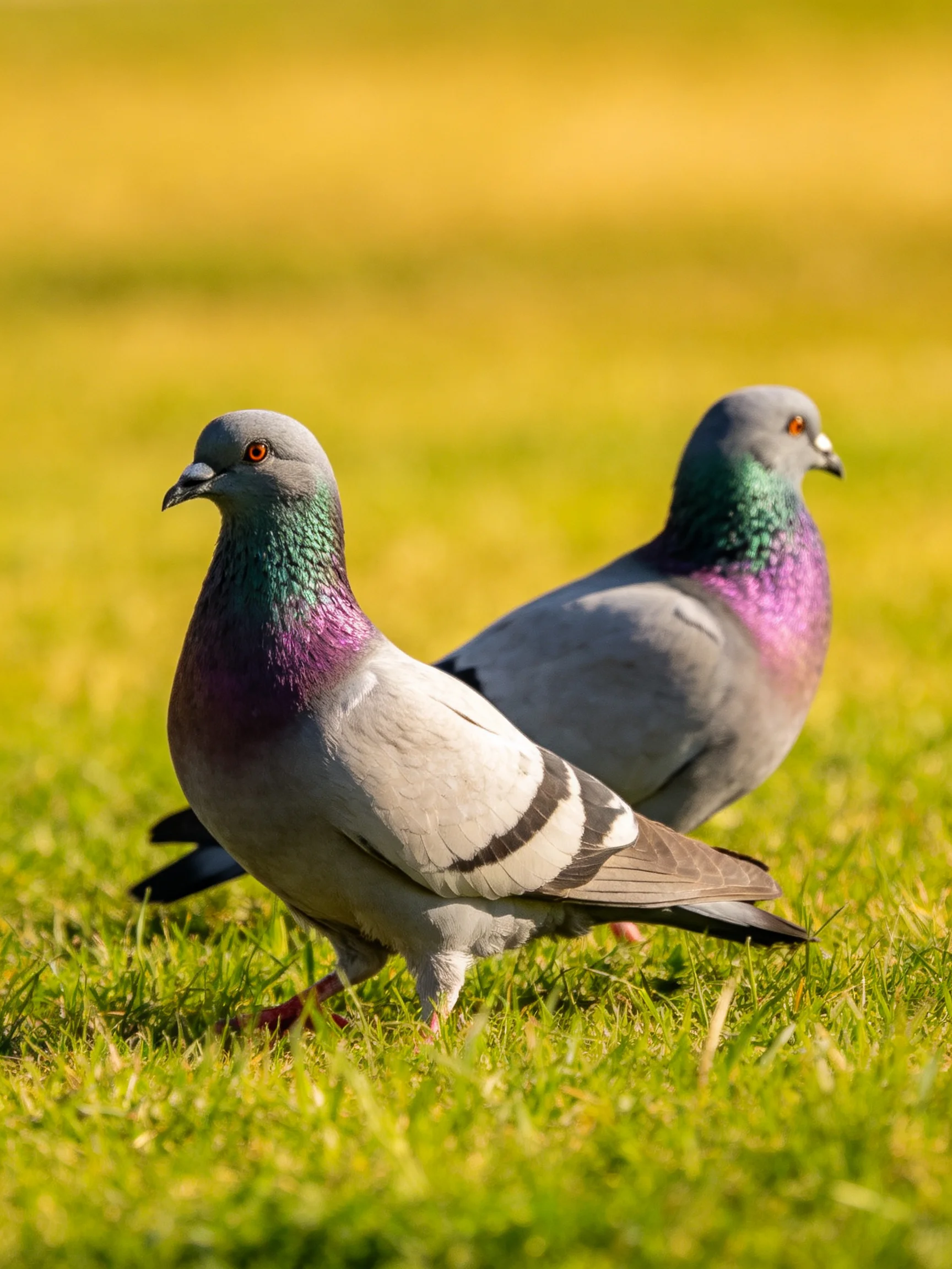 Two pigeons with iridescent necks walk on lush green grass