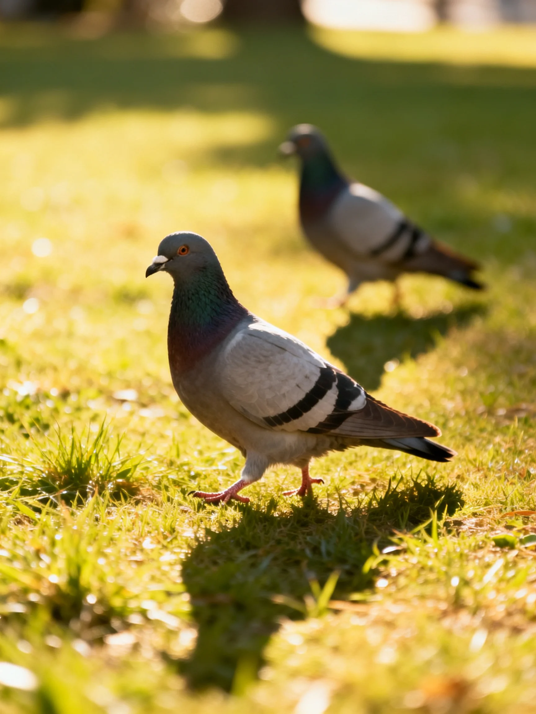 Two pigeons with iridescent necks walk on sunlit green grass