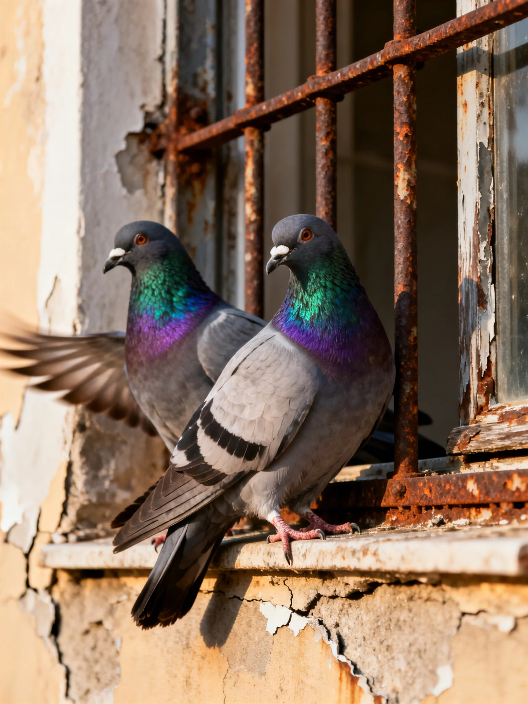 Two pigeons sit beside an aged, rusted window with chipped paint.