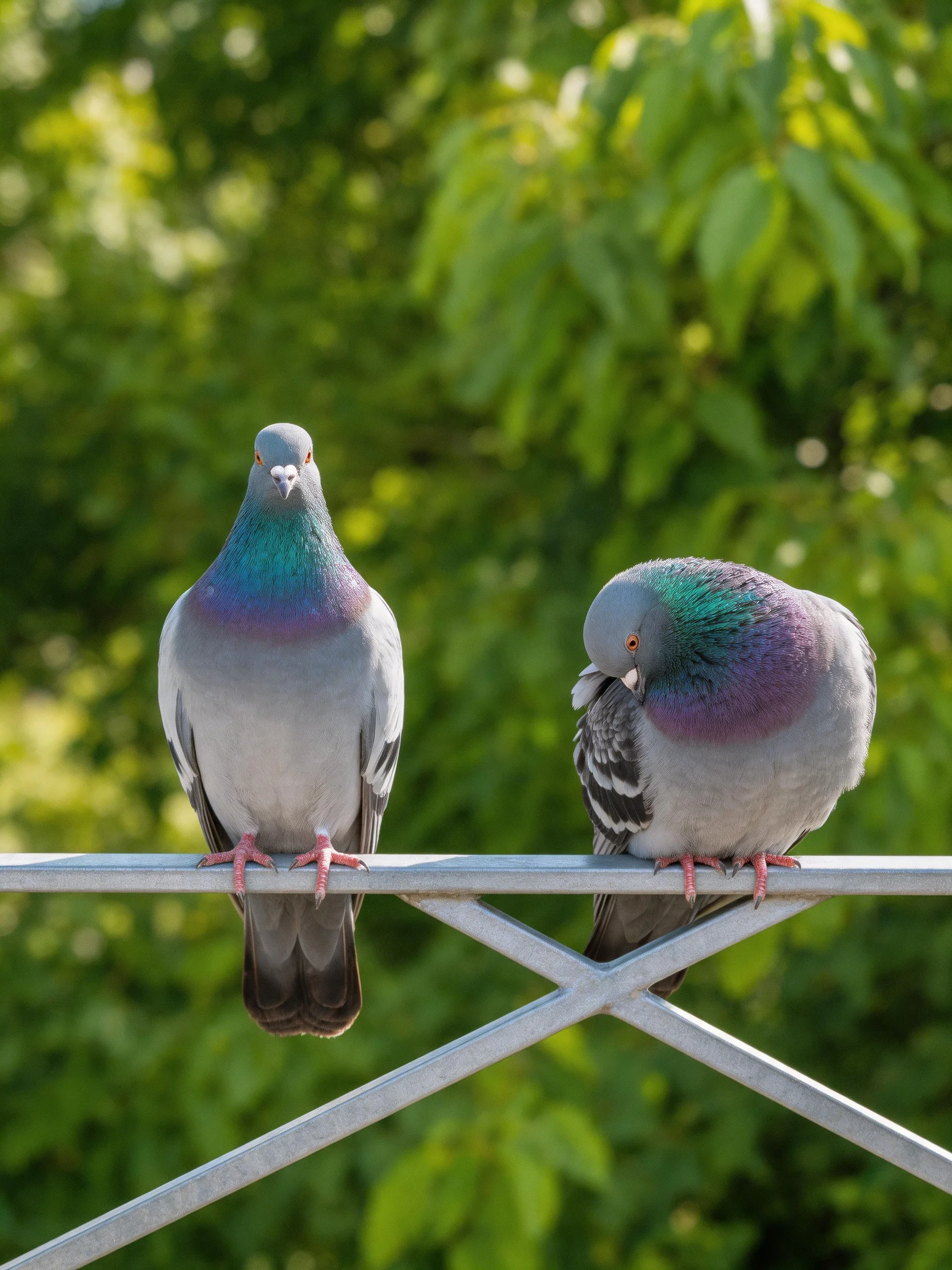 Two pigeons with iridescent plumage perch on a metal bar amid lush greenery