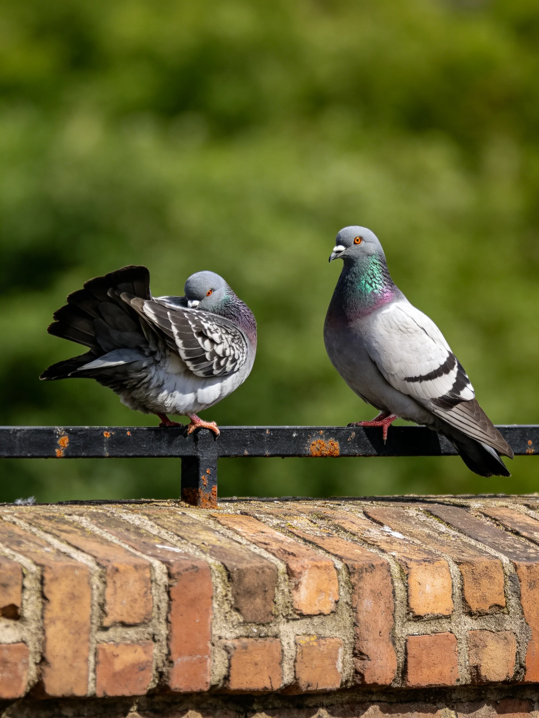 Two pigeons with iridescent plumage perch on a rusty black railing near a brick structure