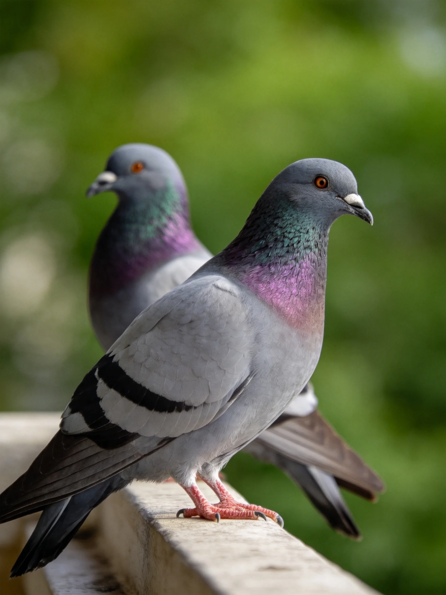 Two pigeons with iridescent plumage perch on a wooden ledge against a green backdrop