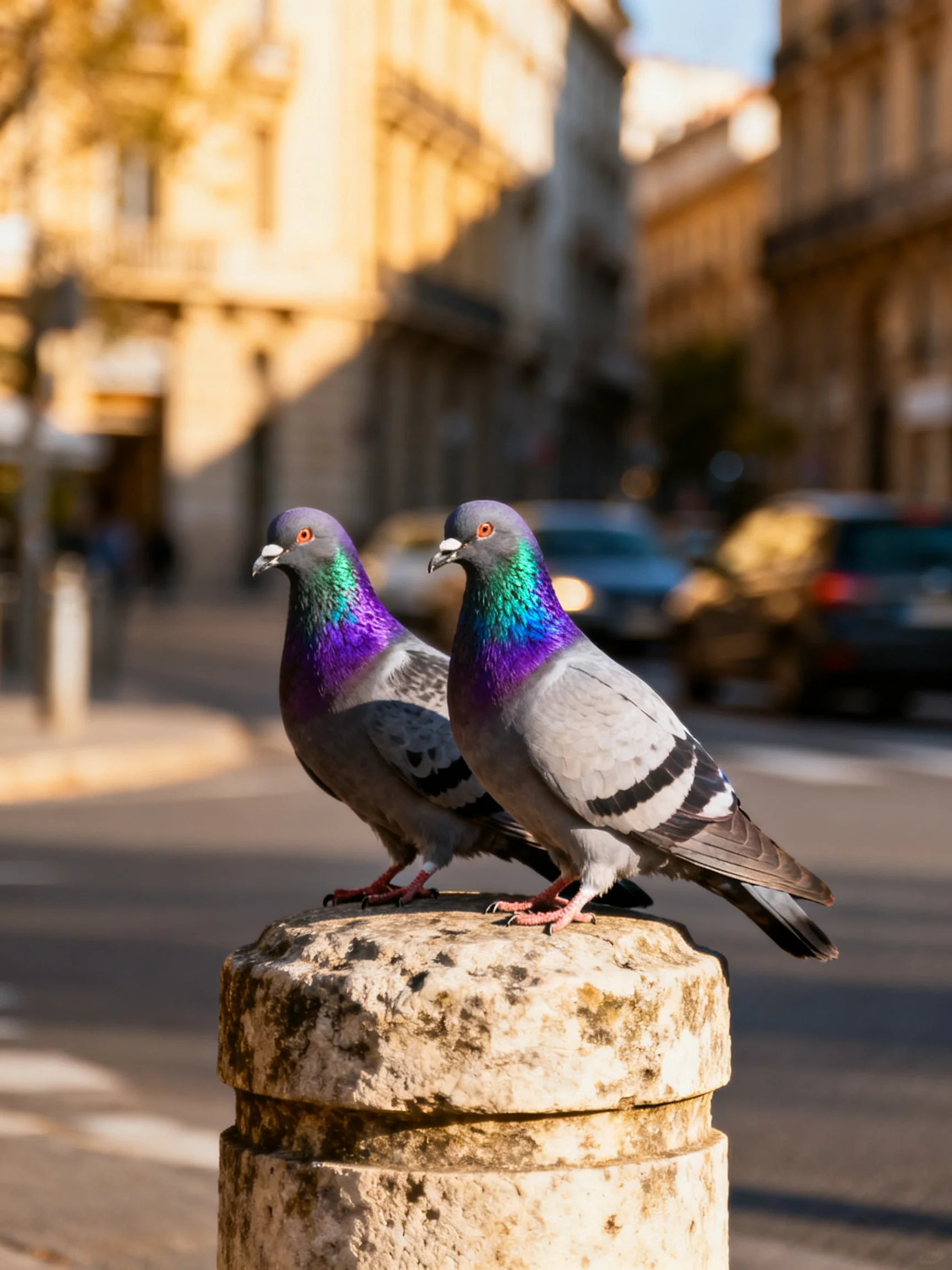 Two pigeons with iridescent plumage perch on an aged stone post