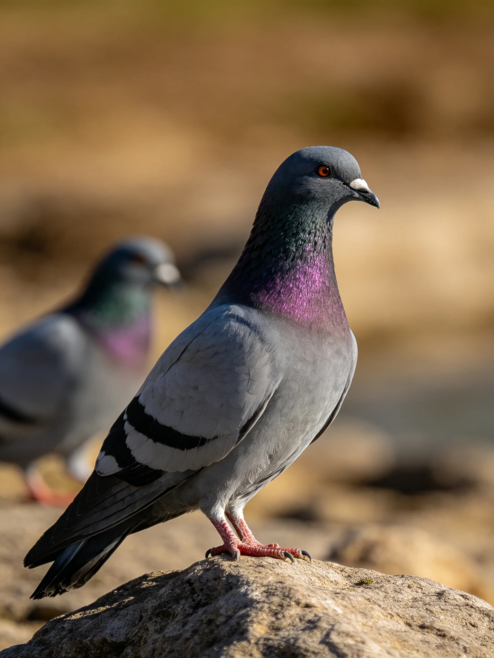 Two pigeons with iridescent plumage perched on rocky terrain