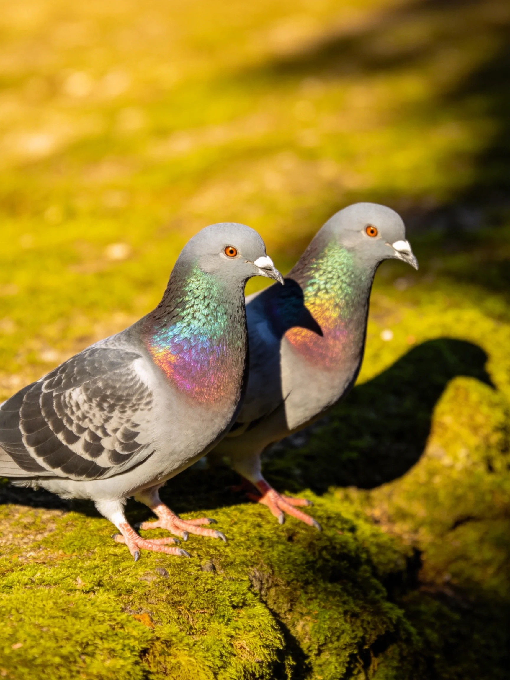 Two pigeons sit together on a mossy surface in bright sunlight.