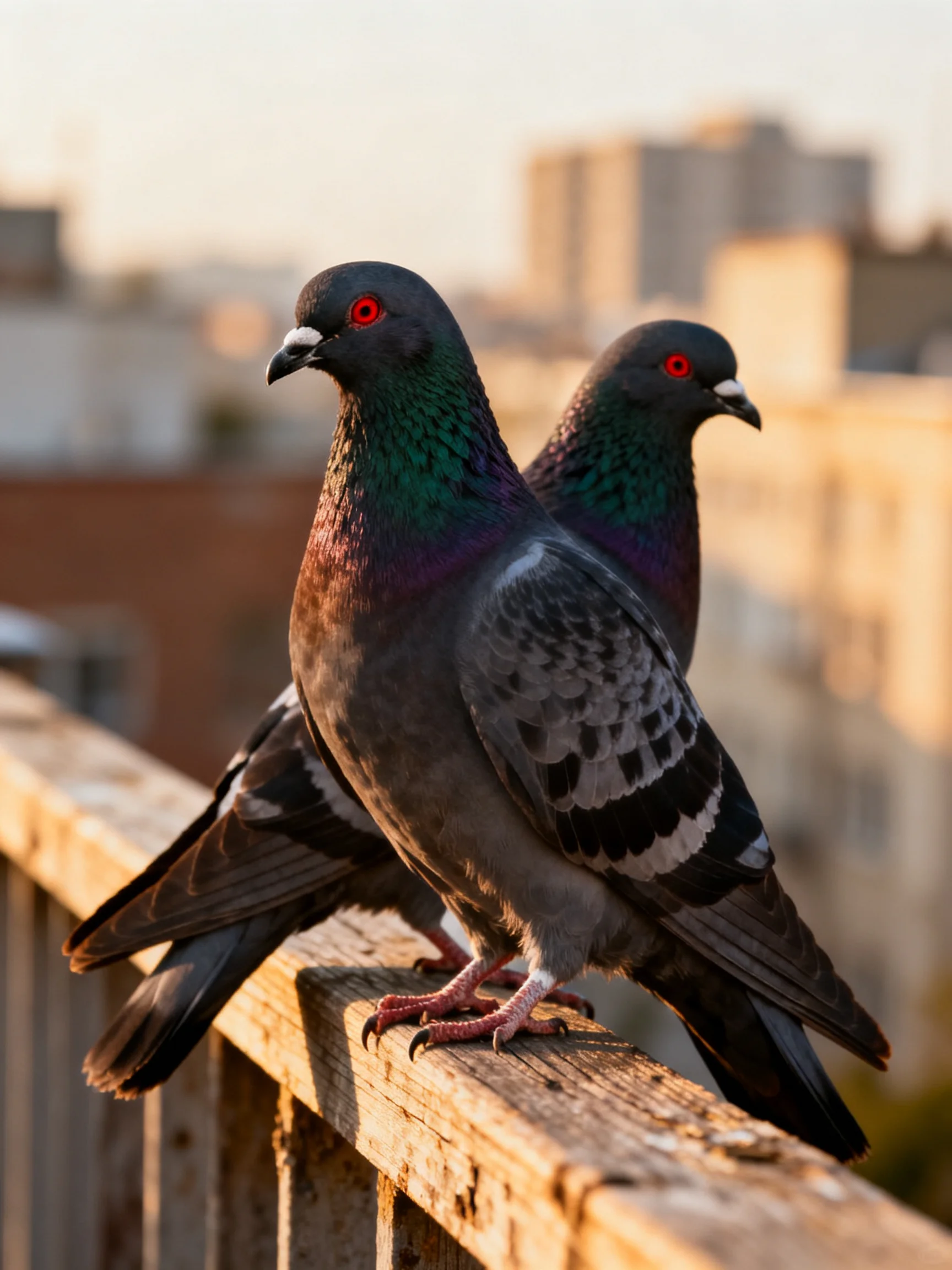 Two pigeons with iridescent plumage rest on a weathered wooden railing
