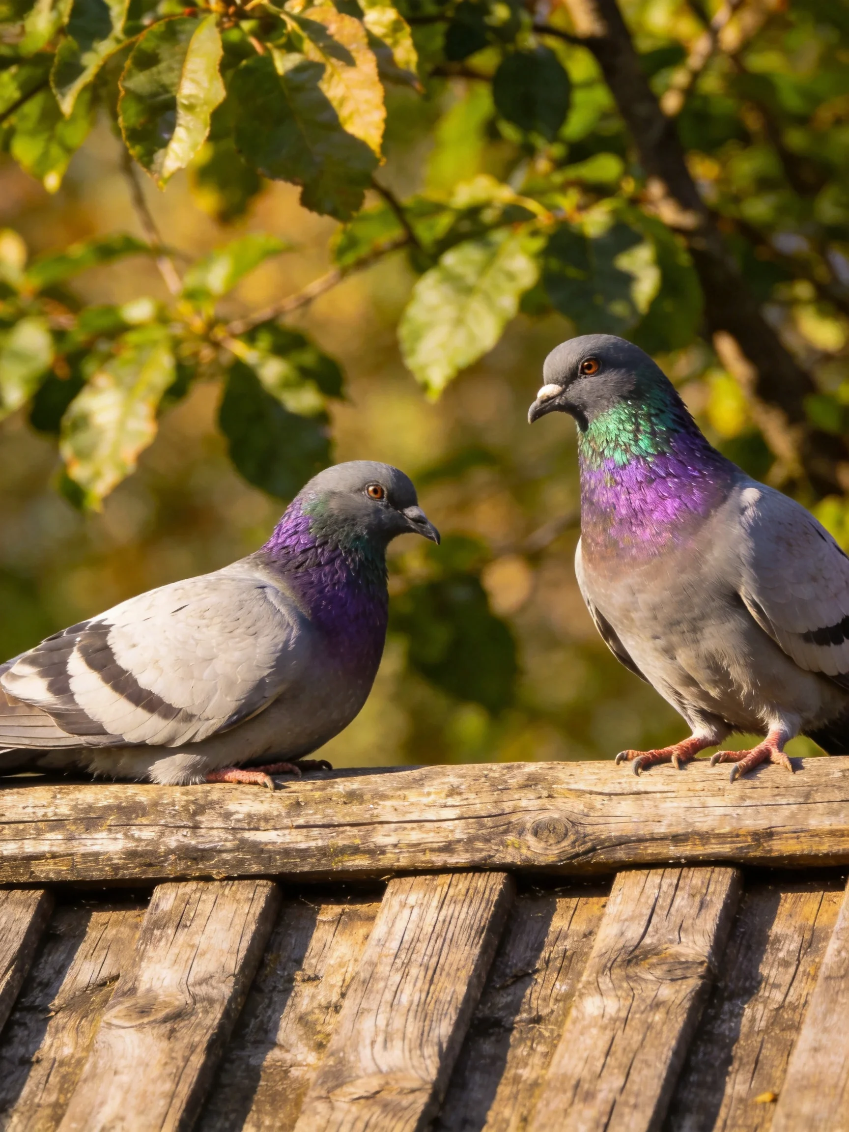 Two pigeons with iridescent plumage rest on a weathered wooden structure