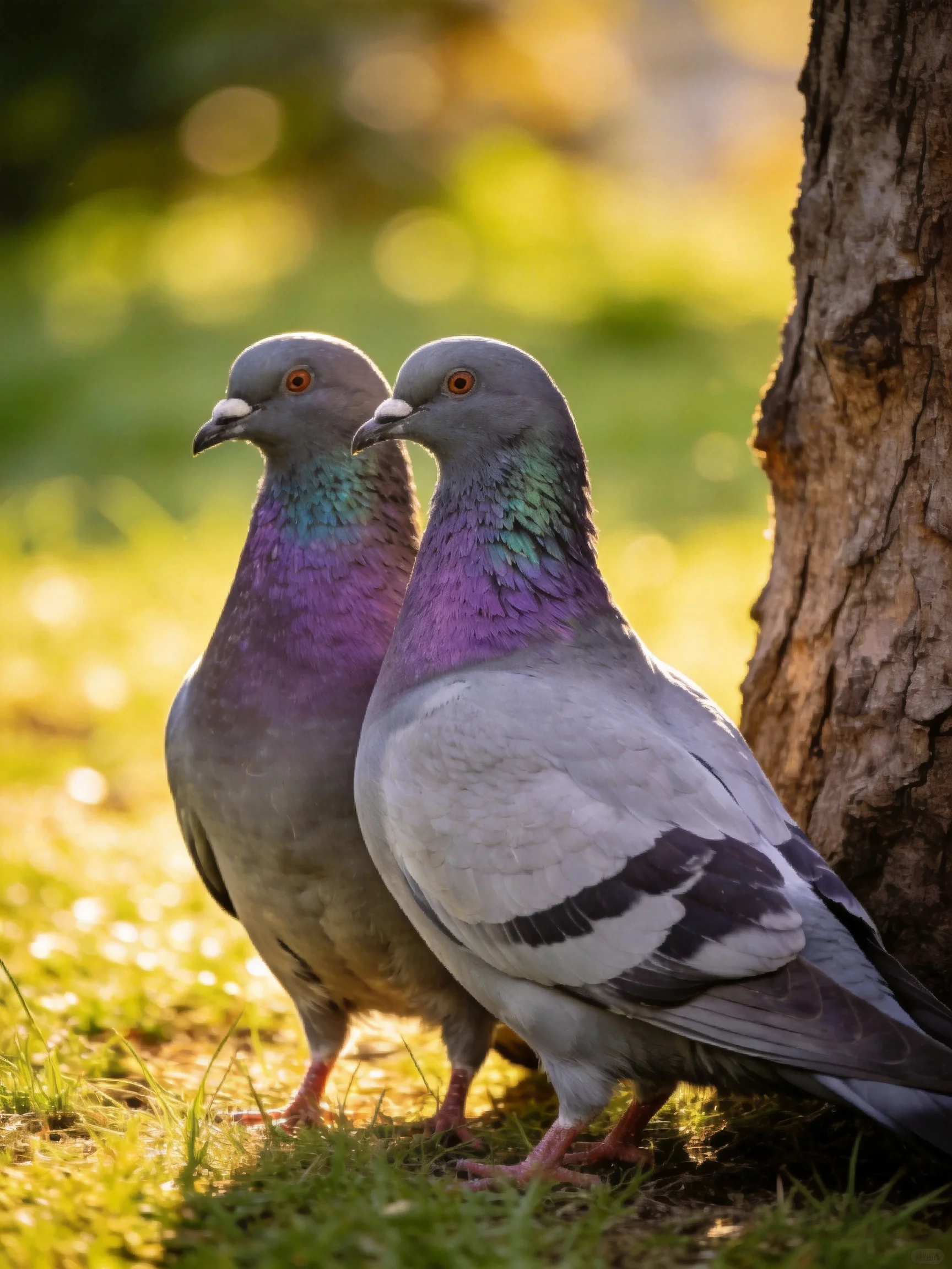 Two pigeons with iridescent plumage stand beside a tree in sunlight
