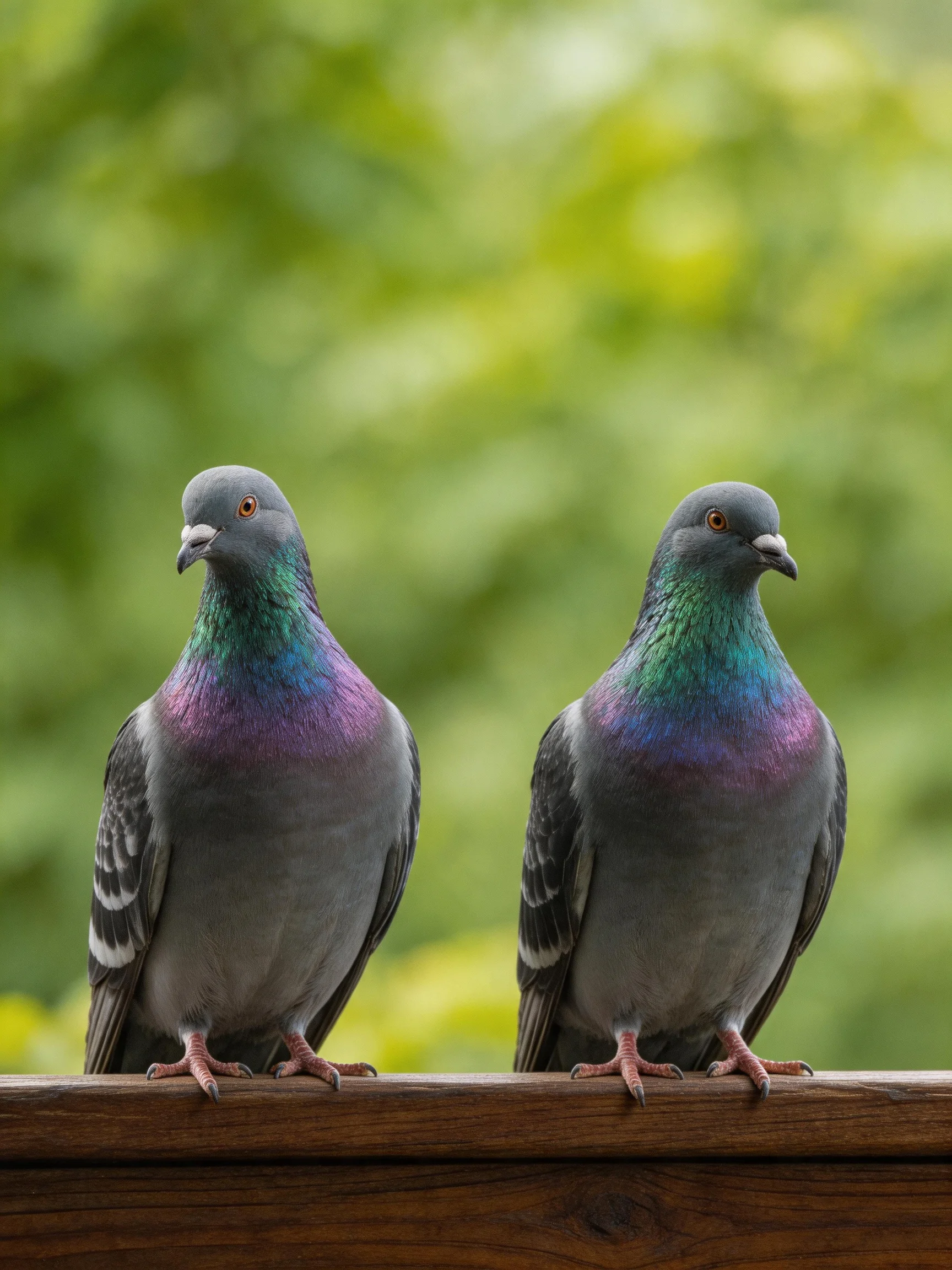 Two pigeons with iridescent purple-green necks sit on a wooden railing