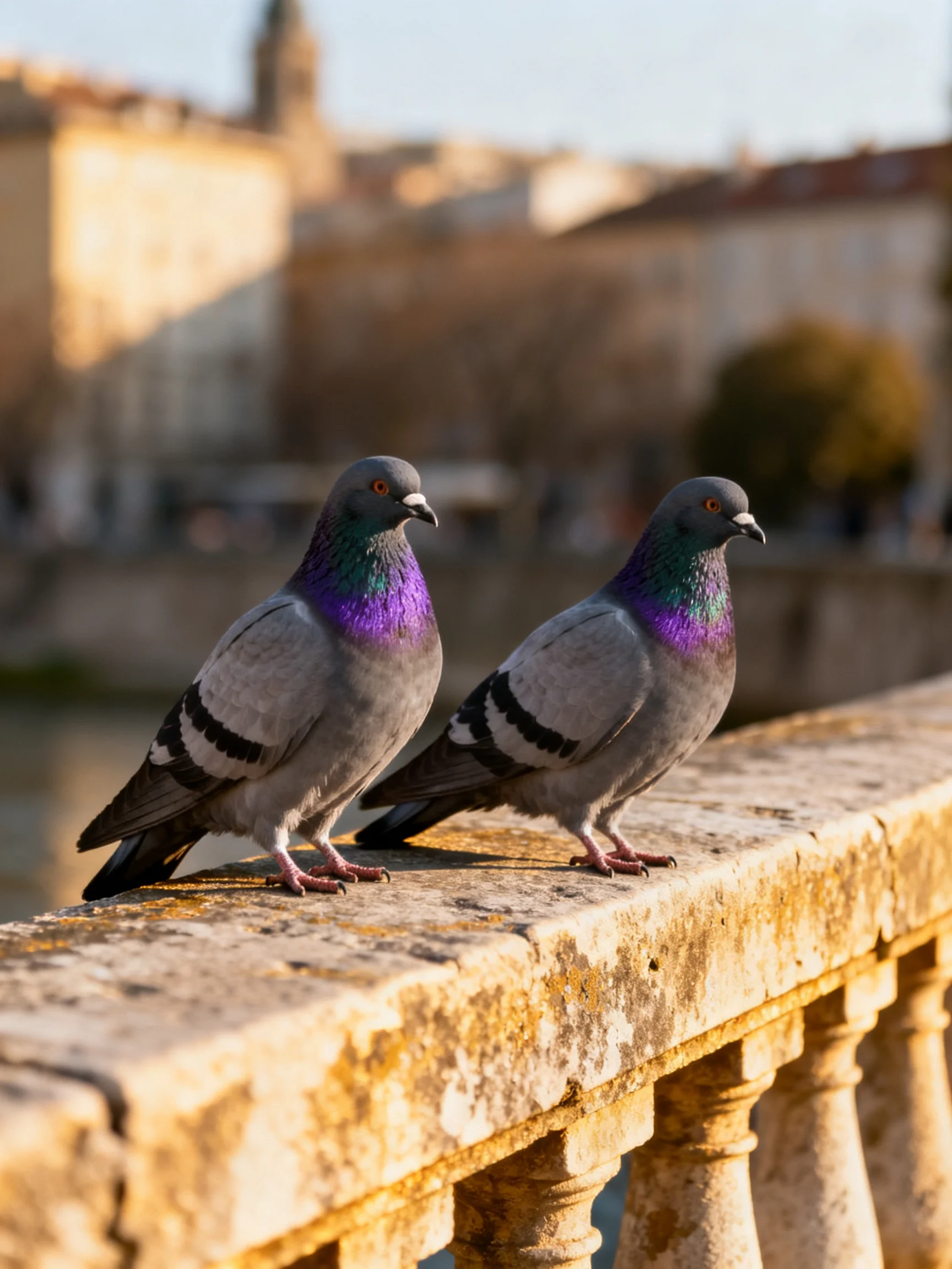Two pigeons with iridescent purple necks perch on an aged stone railing