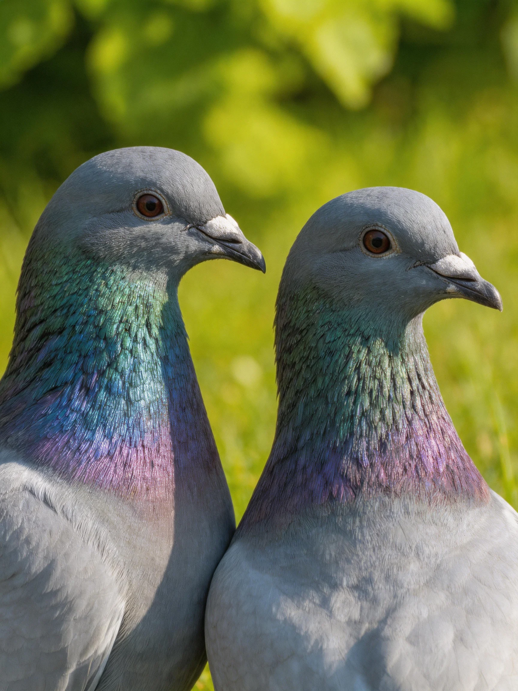 Two pigeons with iridescent teal-purple neck feathers in green surroundings