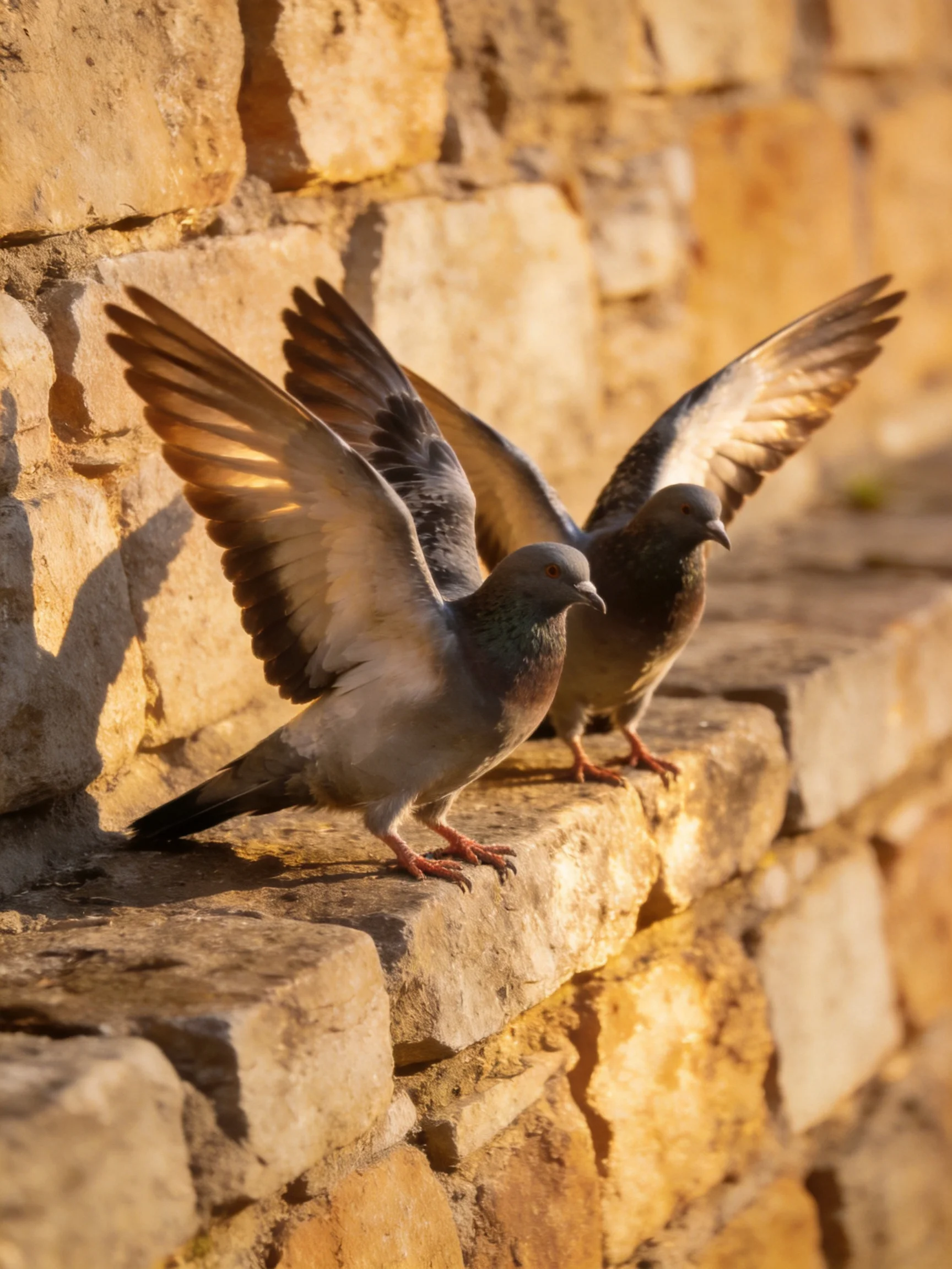 Two pigeons with outstretched wings rest on an aged stone wall