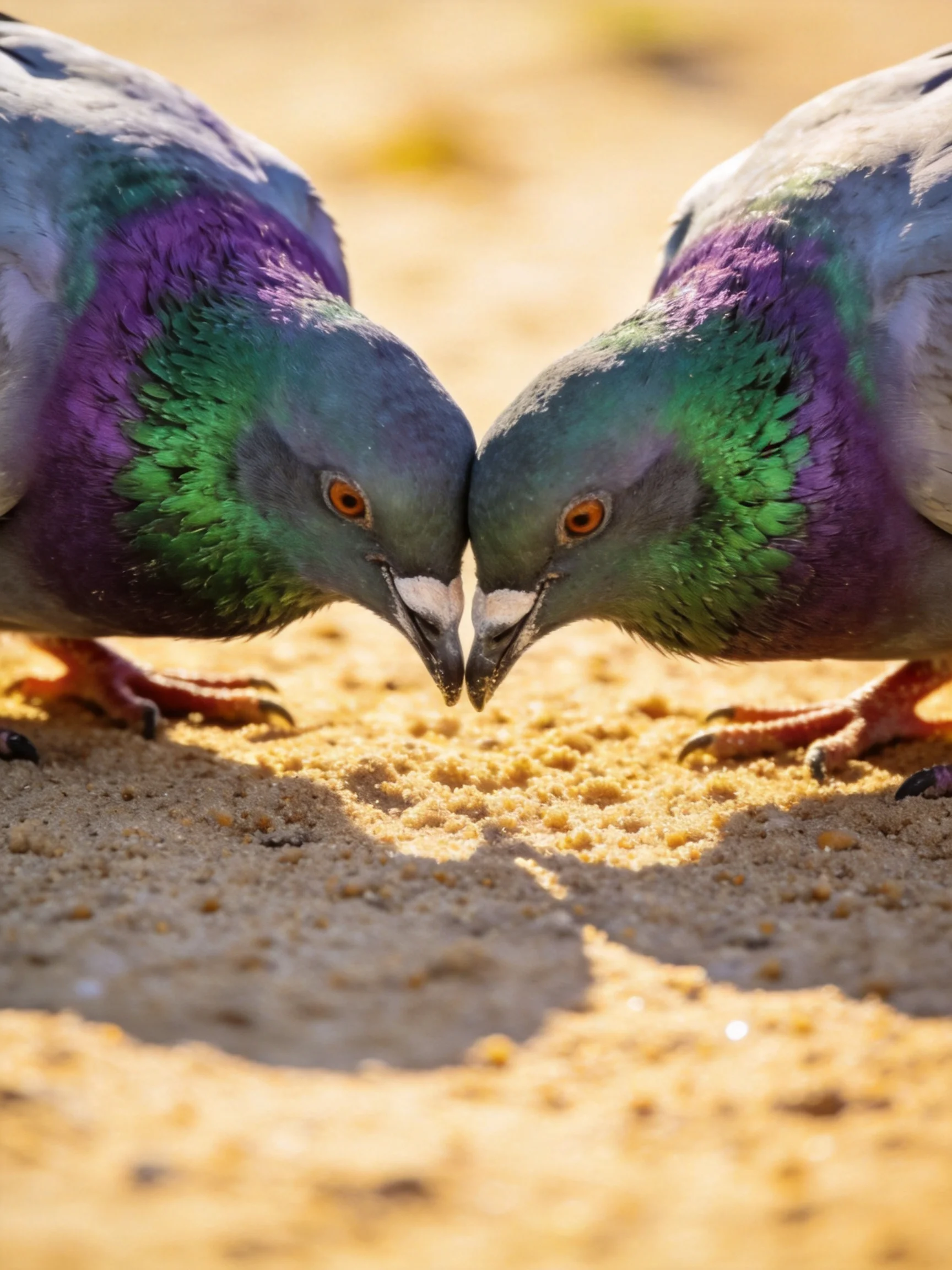 Two pigeons with colorful plumage interact closely on sandy ground