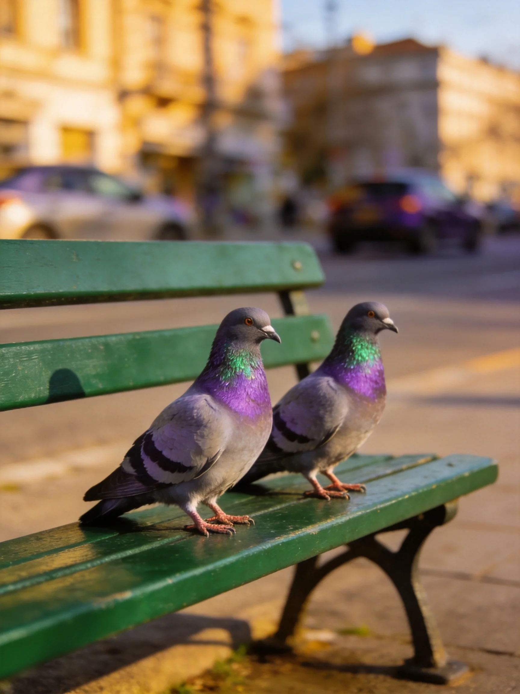 Two pigeons with purple-green necks sit on a green bench near a city street.