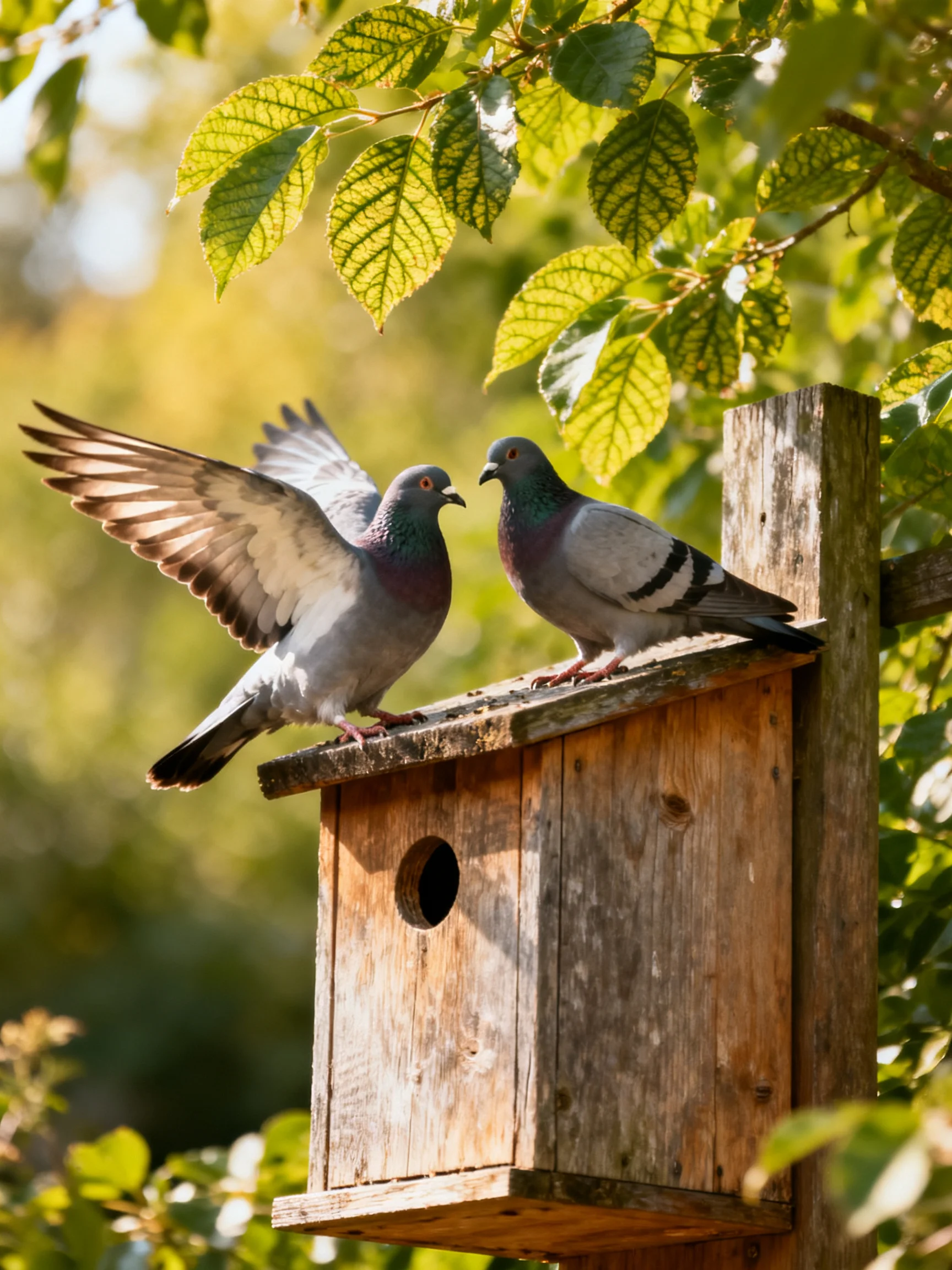 Two pigeons with purple necks interact on an aged wooden birdhouse amid green leaves