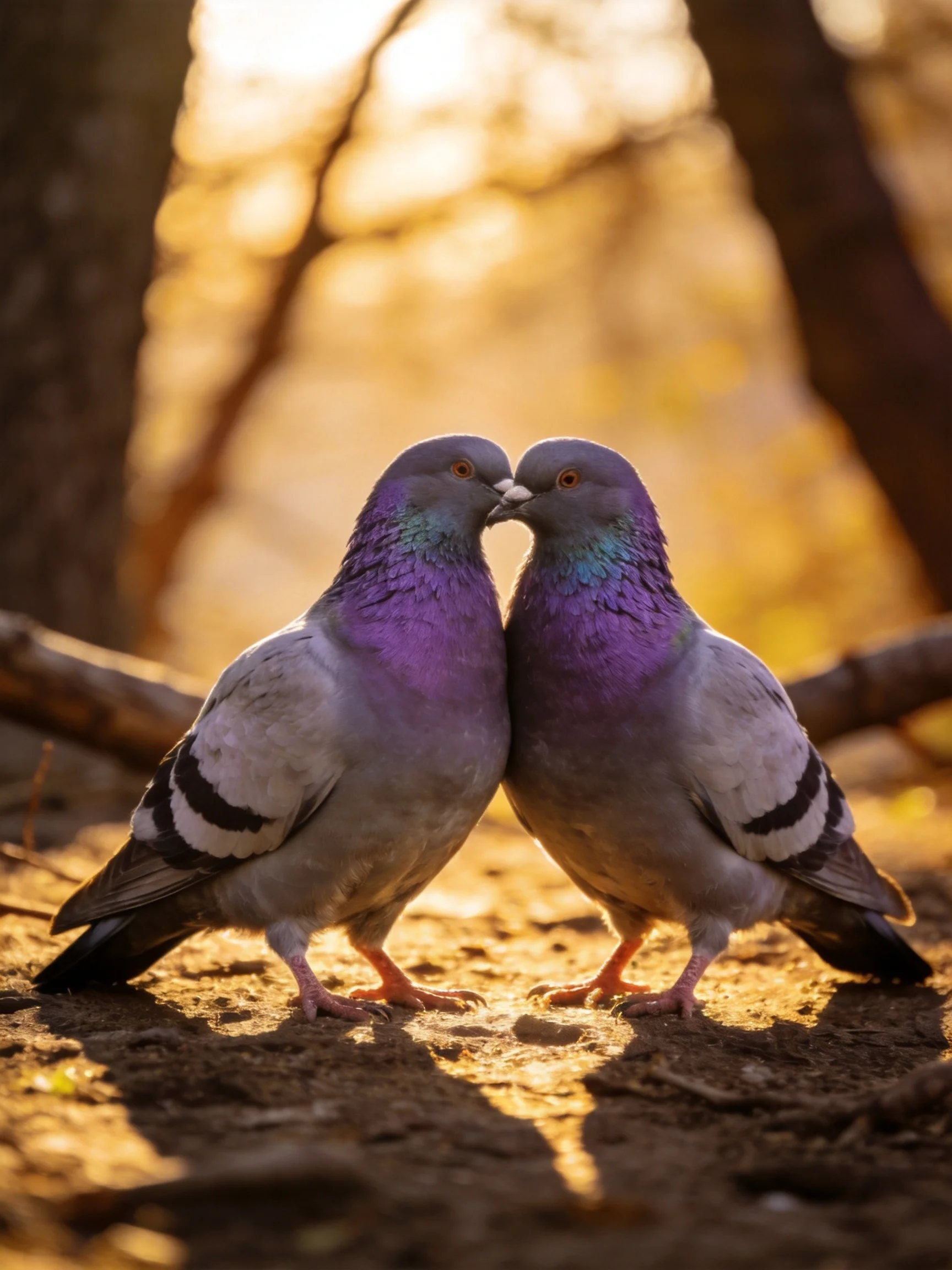 Two pigeons with purple necks nuzzle in golden forest light