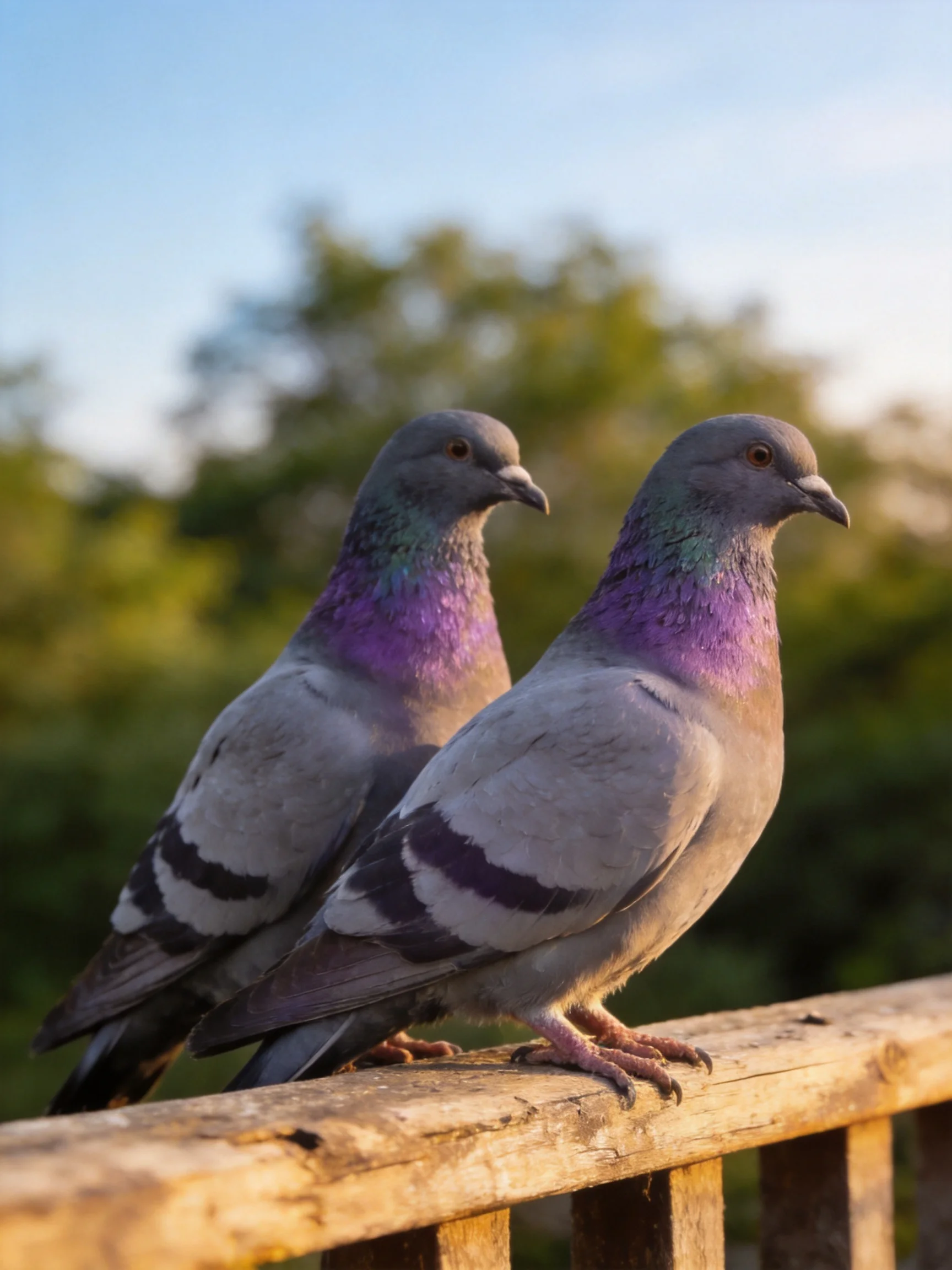Two pigeons with purple necks perch on a wooden railing outdoors
