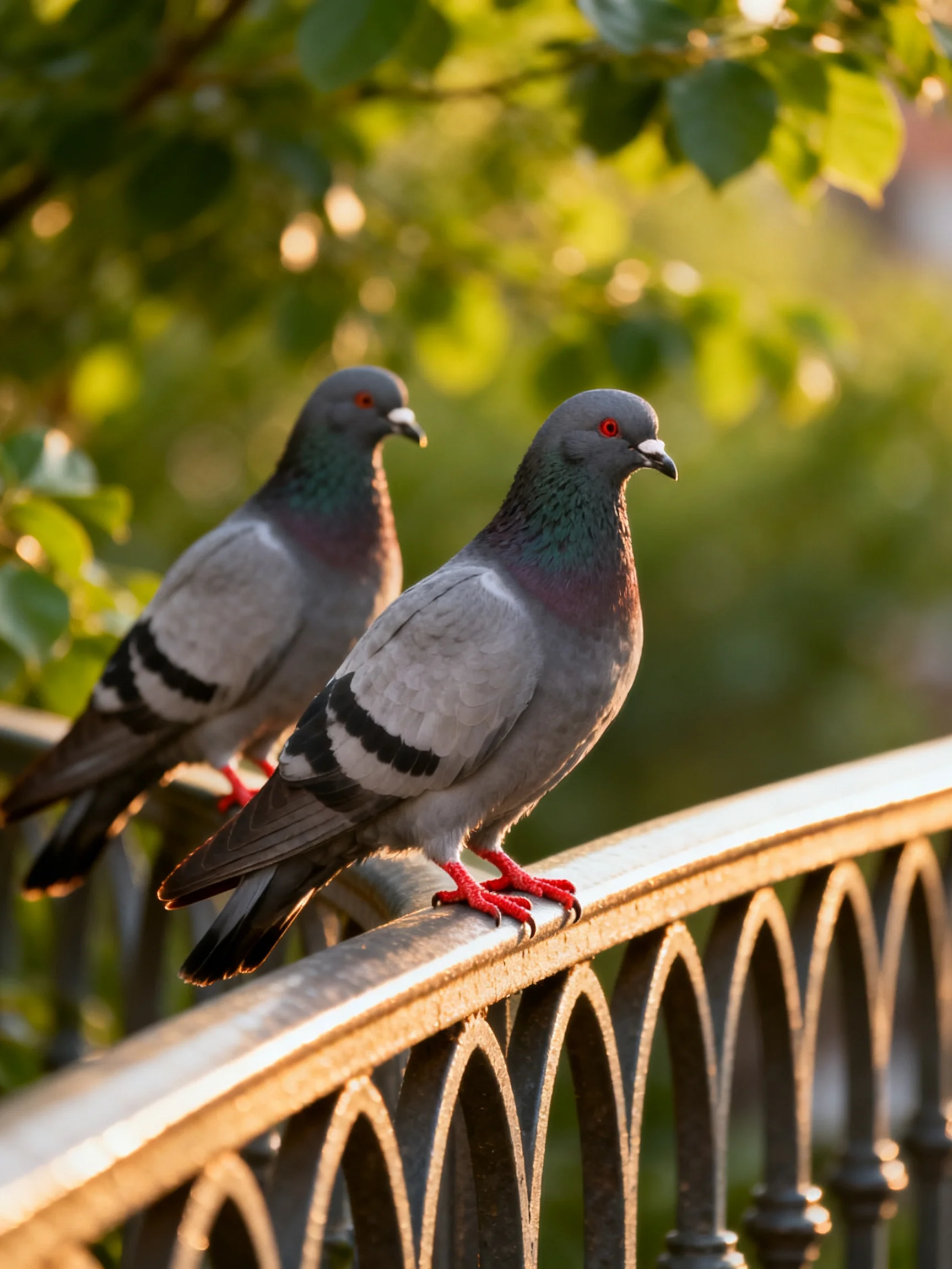 Two pigeons rest on a metal railing amid greenery.