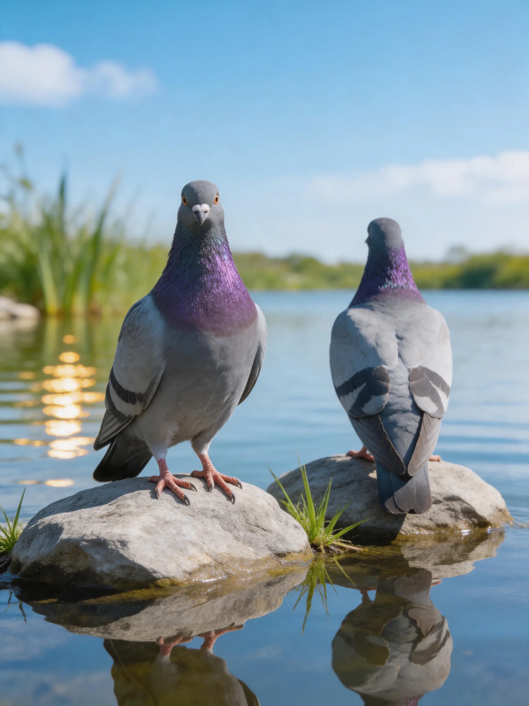 Two pigeons with purple necks perch on rocks by serene water