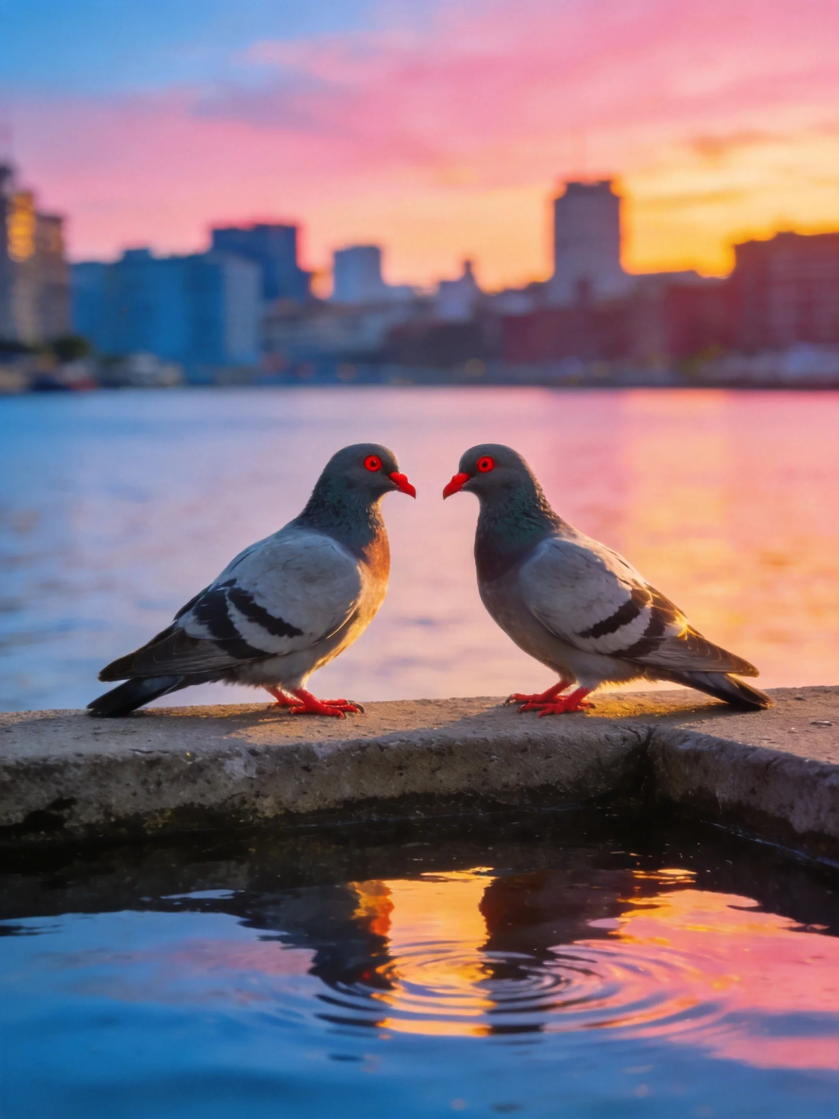 Two pigeons with red eyes stand by calm water at colorful sunset
