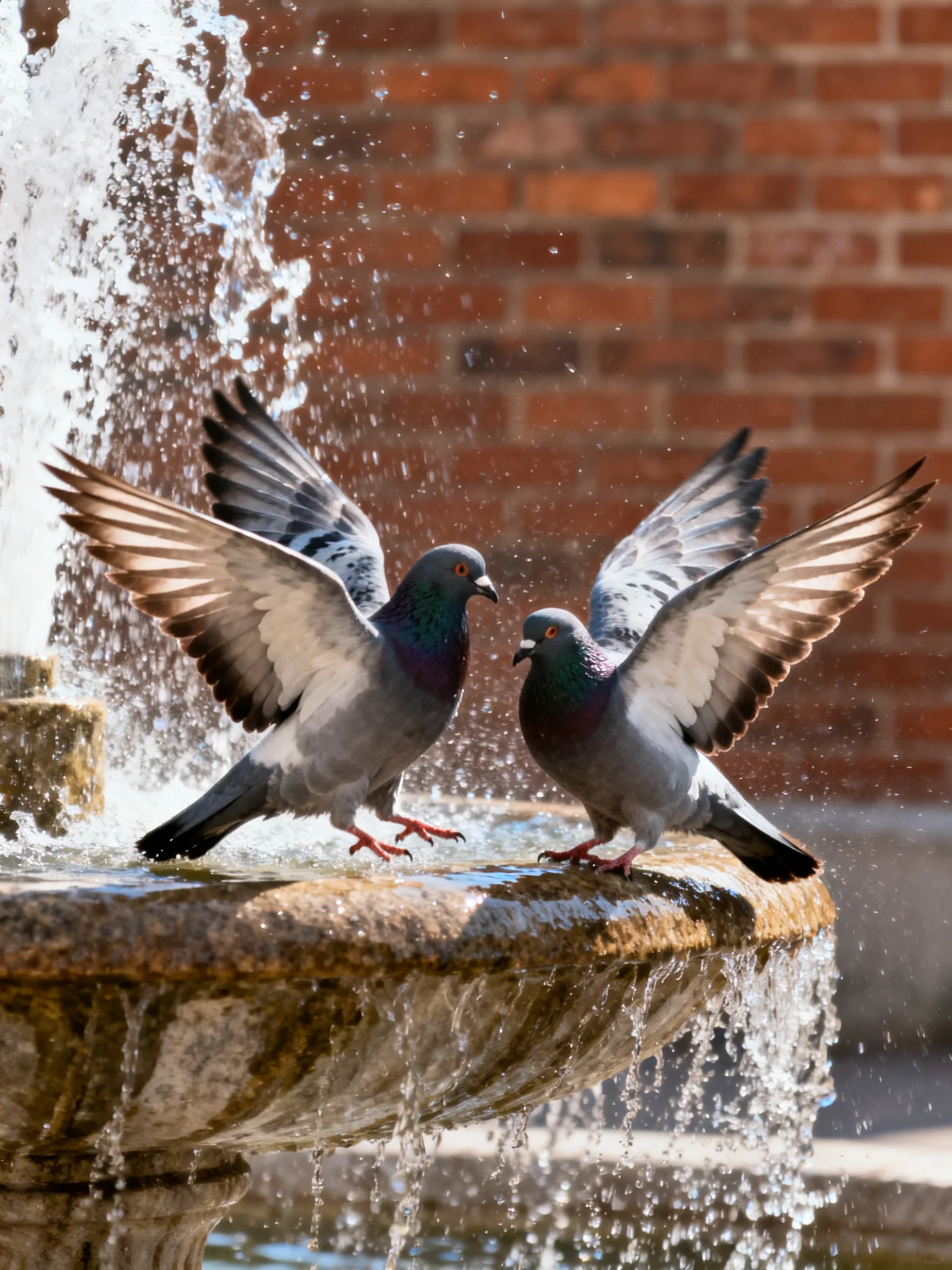 Two pigeons interact at a fountain with water spraying around them.