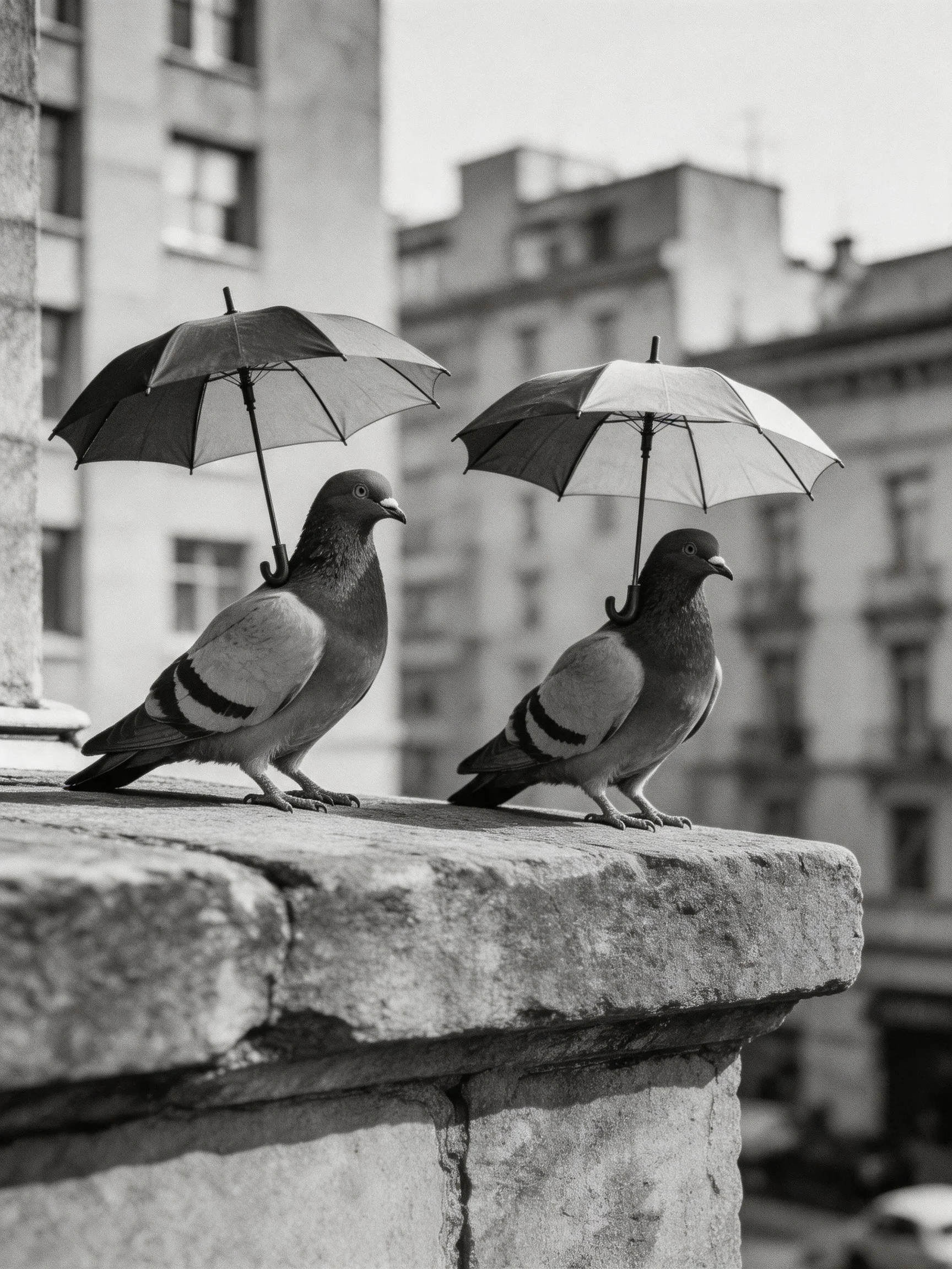 Two pigeons with umbrellas stand on a weathered stone ledge near city buildings