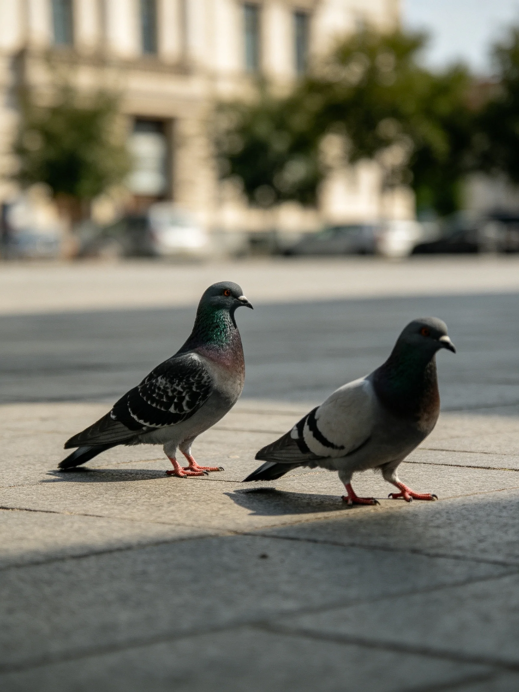 Two pigeons with varied plumage walk on a sunlit square